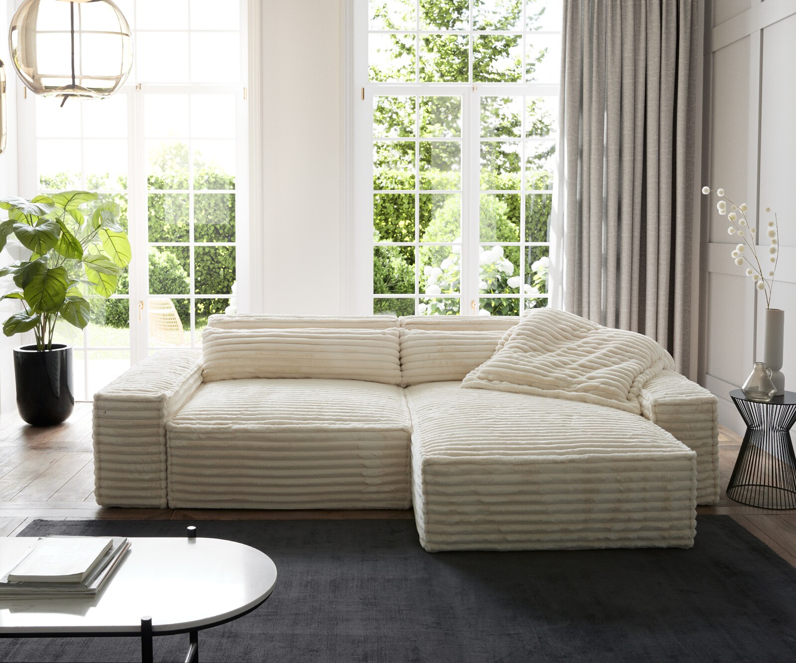 Ecksofa Sirpio XL 270x170 cm Plüschcord Beige Recamiere variabel 1