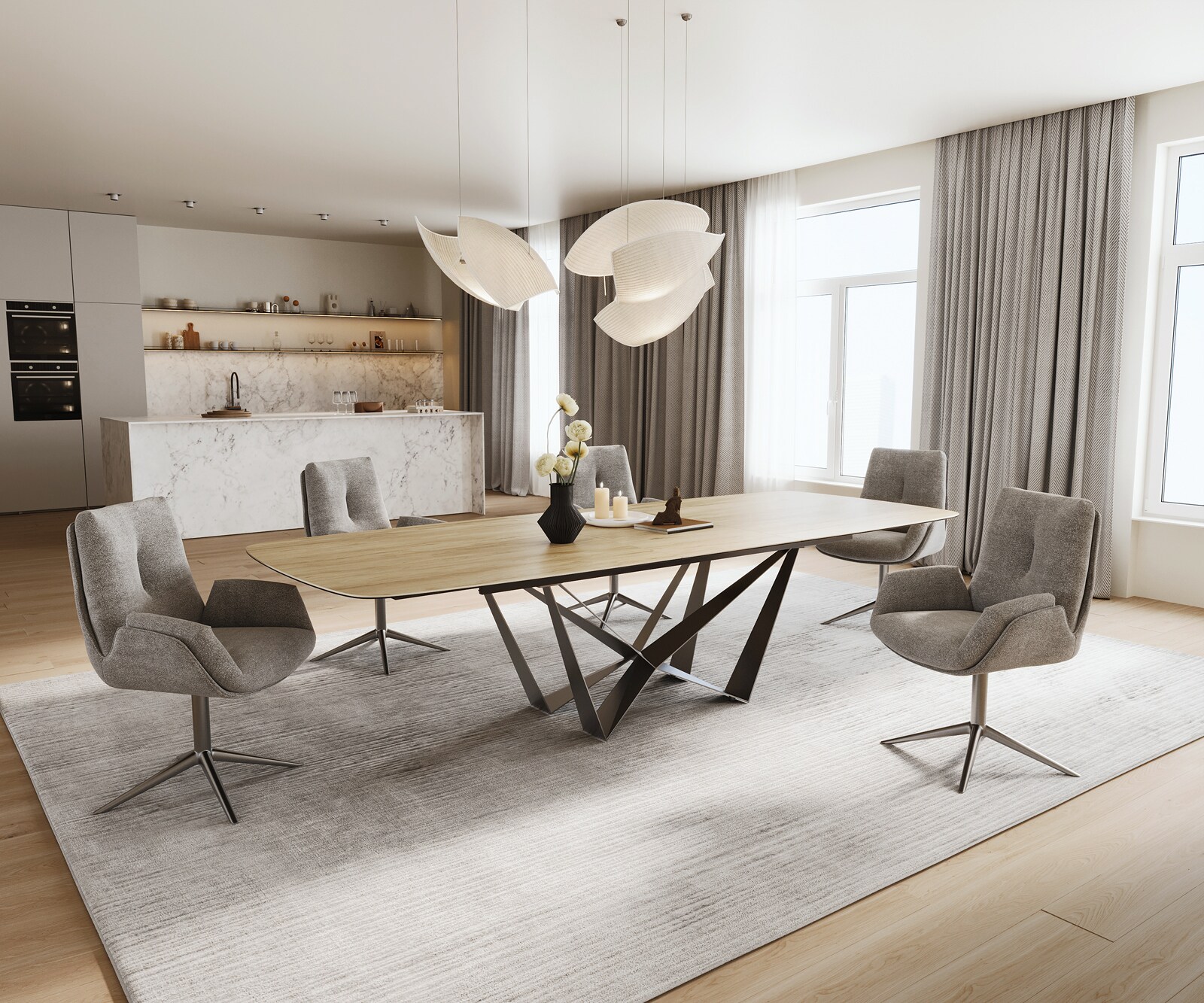 Esstisch Edge Boot 240-300x120 cm Keramik Laminam® Sabbia Eichefarbig Spider Flachstahl Edelstahl ausziehbar 7
