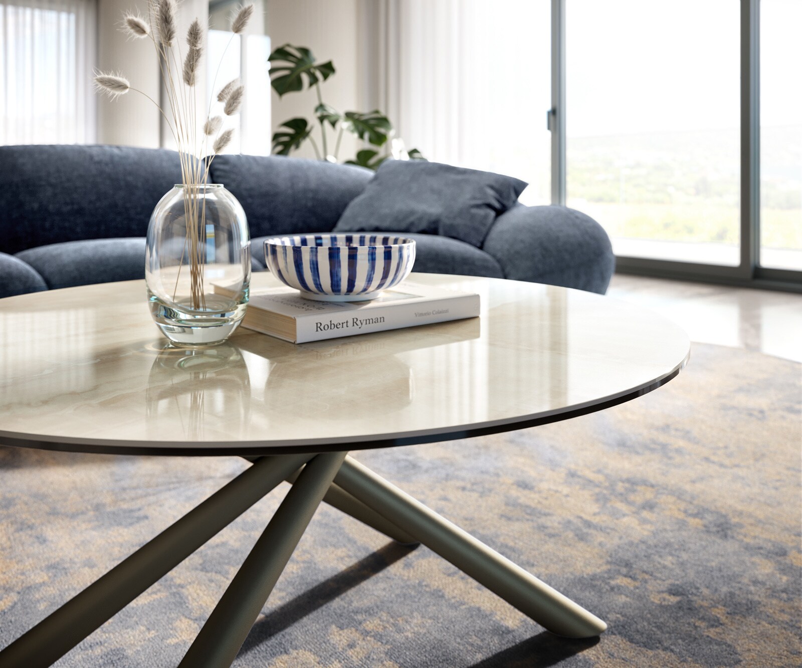 Couchtisch Edge Rund 90x90 cm Keramik Onyx Champagne Sarity Metall Effektfinish Titan 5