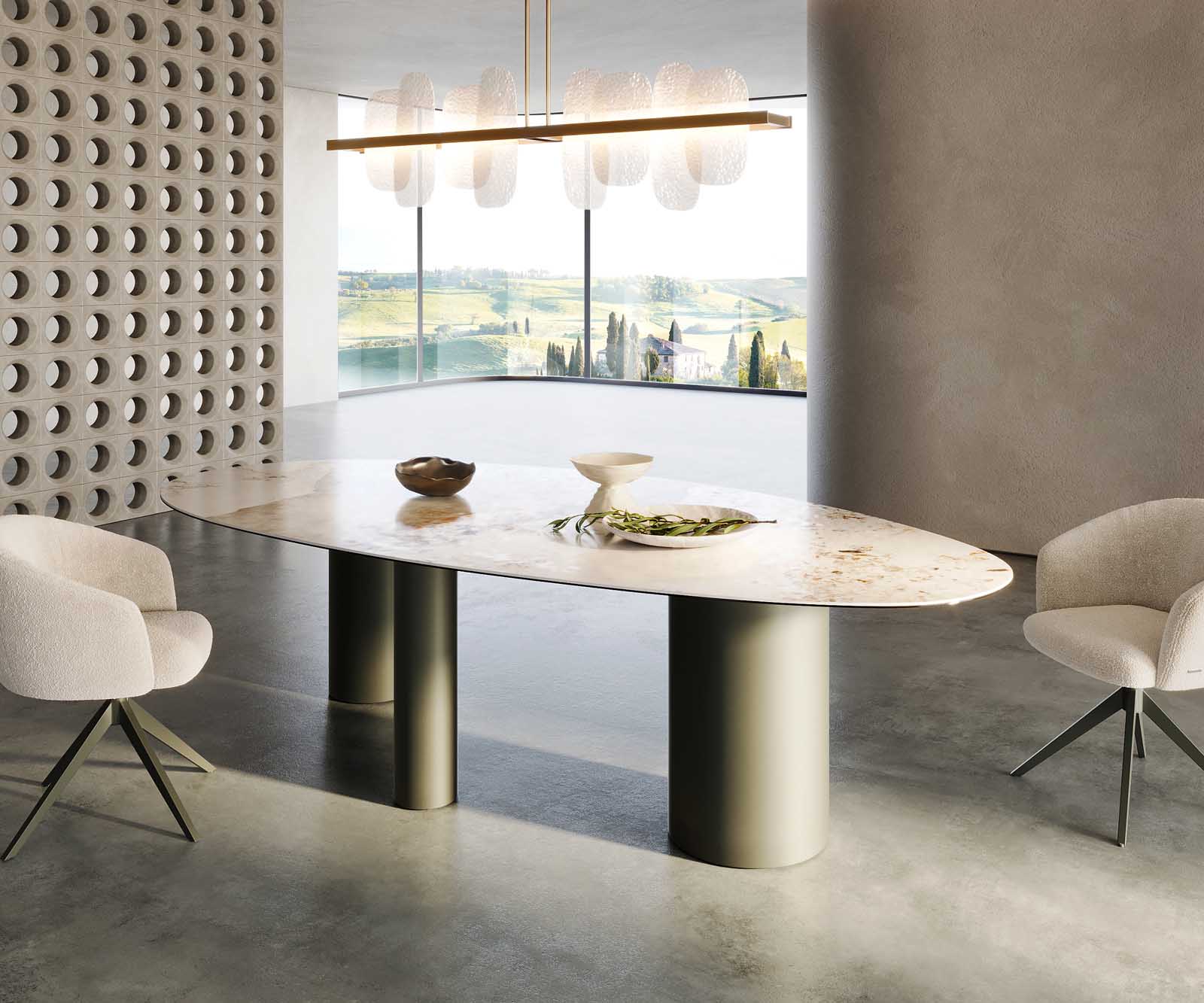 Esstisch Edge Oval 280x130 Keramik Minas Melange Weiß-Beige Troa Metall Effektfinish Titan 6