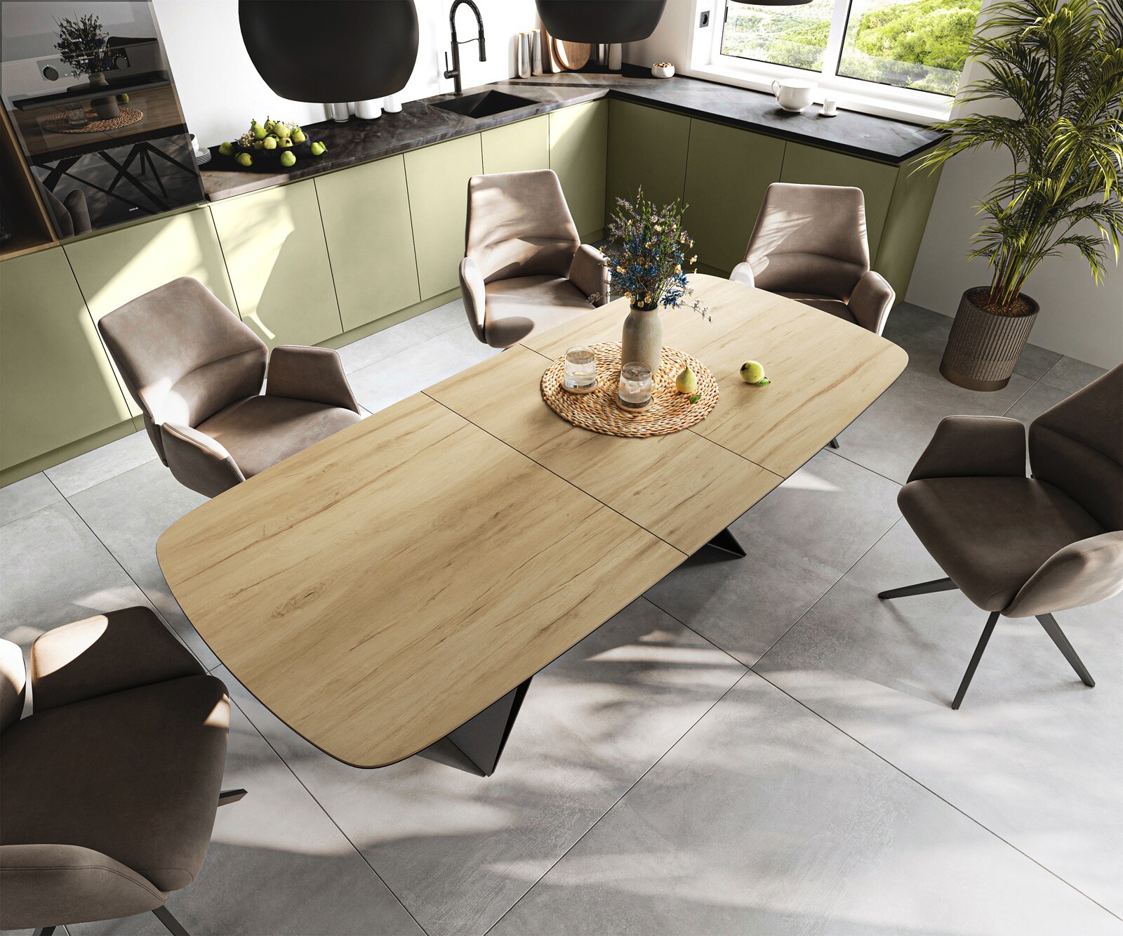 Esstisch Edge Boot 180-220x100 cm Keramik Laminam® Sabbia Eichefarbig V-Gestell Flachstahl Schwarz ausziehbar 4