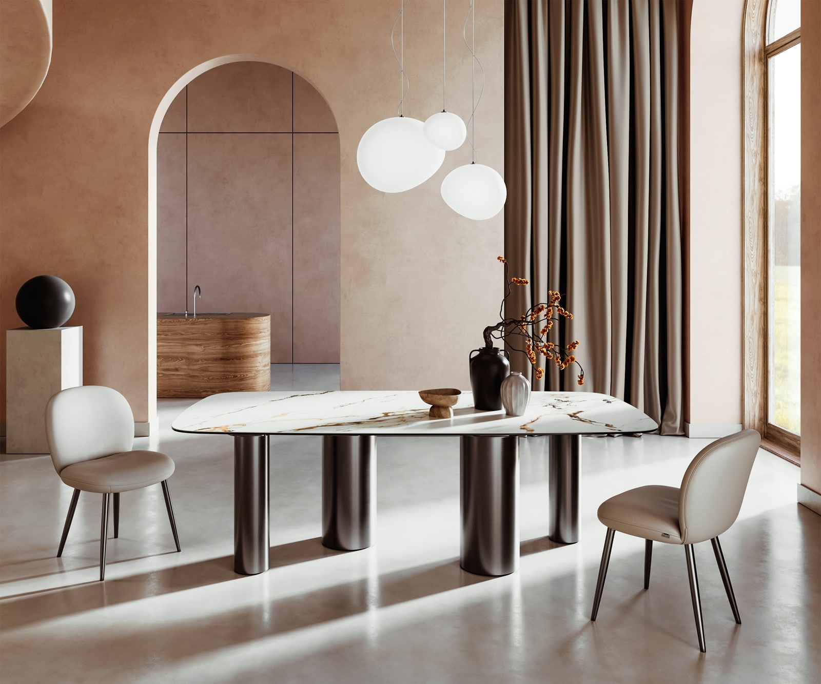 Esstisch Edge Boot 240x120 Keramik Calacatta Luxe Weiß-Gold-Grau Pilier Edelstahl Graphit Esstisch Edge Boot 240x120 Keramik Calacatta Luxe Weiß-Gold-Grau Pilier Edelstahl Graphit