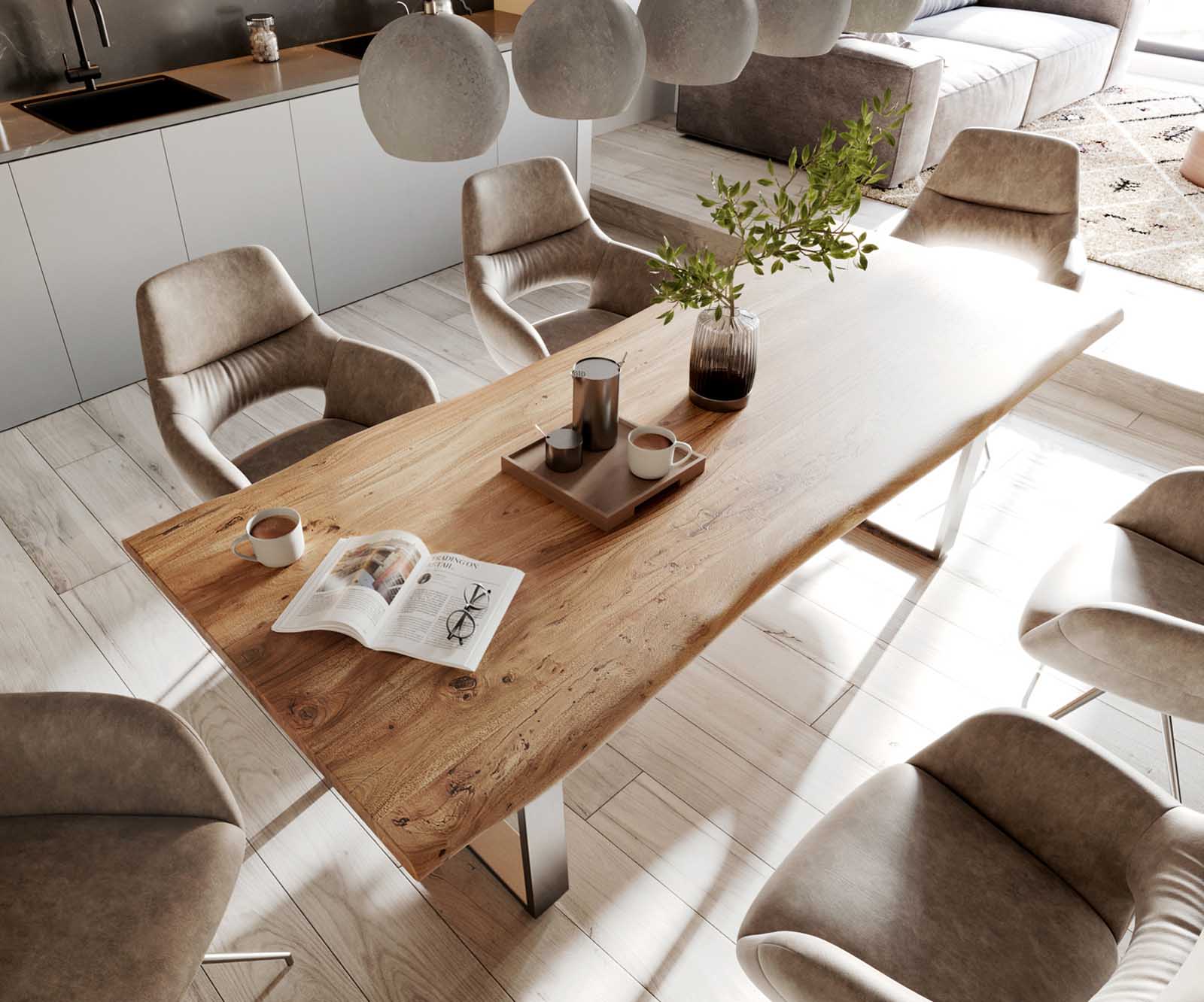 Esstisch Edge 240x100cm Akazie Natur Edelstahl schmal Live-Edge 3