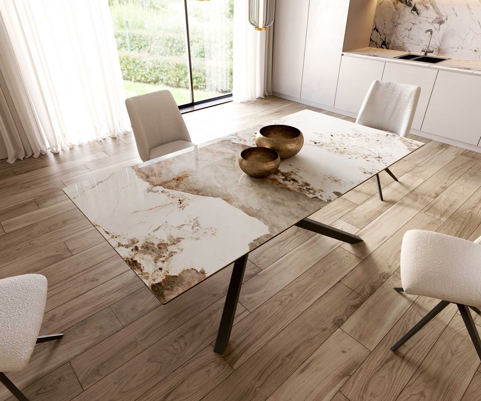 Esstisch Edge 200x100 Keramik Minas Melange Weiß-Beige Kreuzgestell Rechteck Schwarz 5
