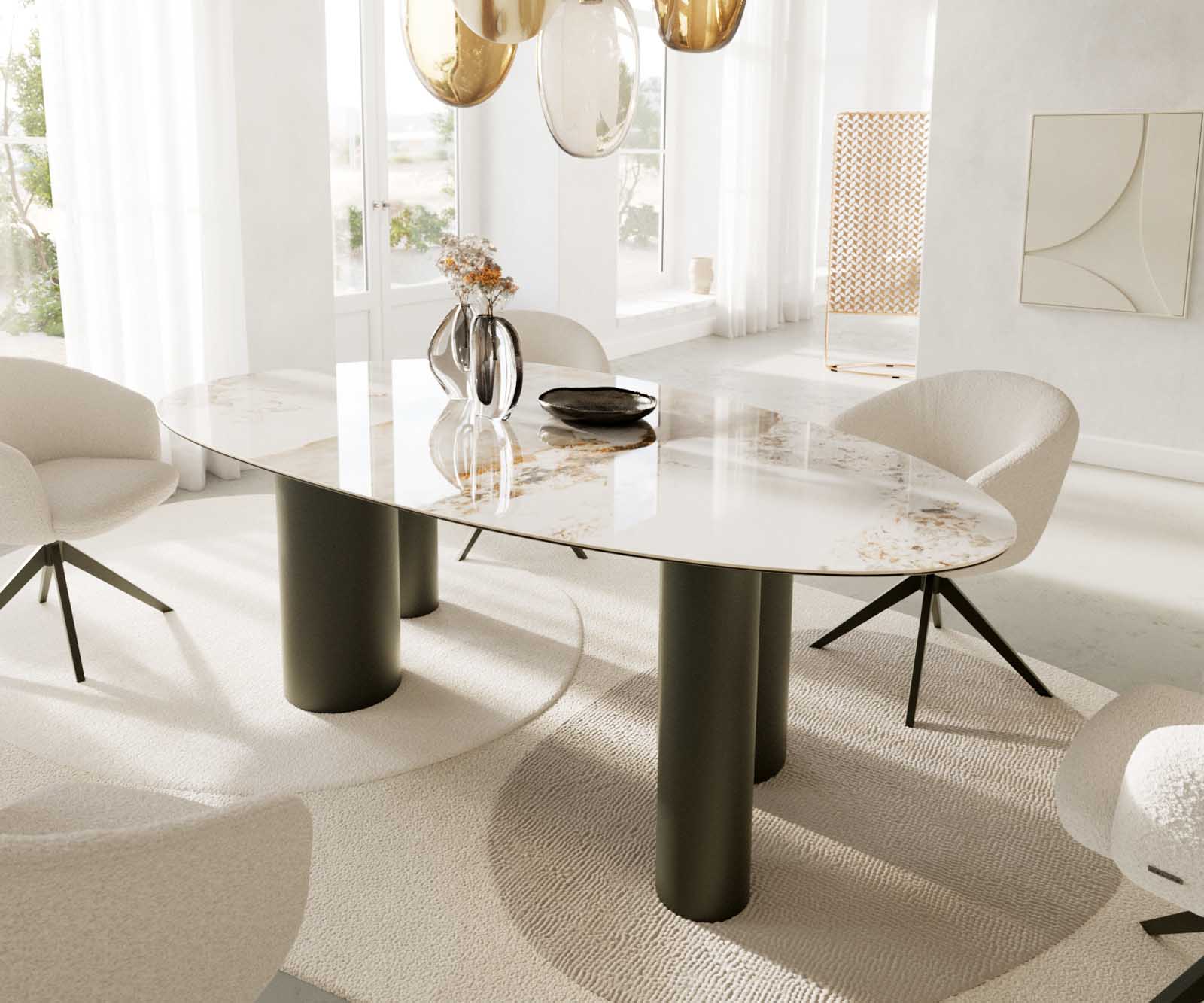 Esstisch Edge Oval 220x120 Keramik Minas Melange Weiß-Beige Pilier Metall Effektfinish Titan 6