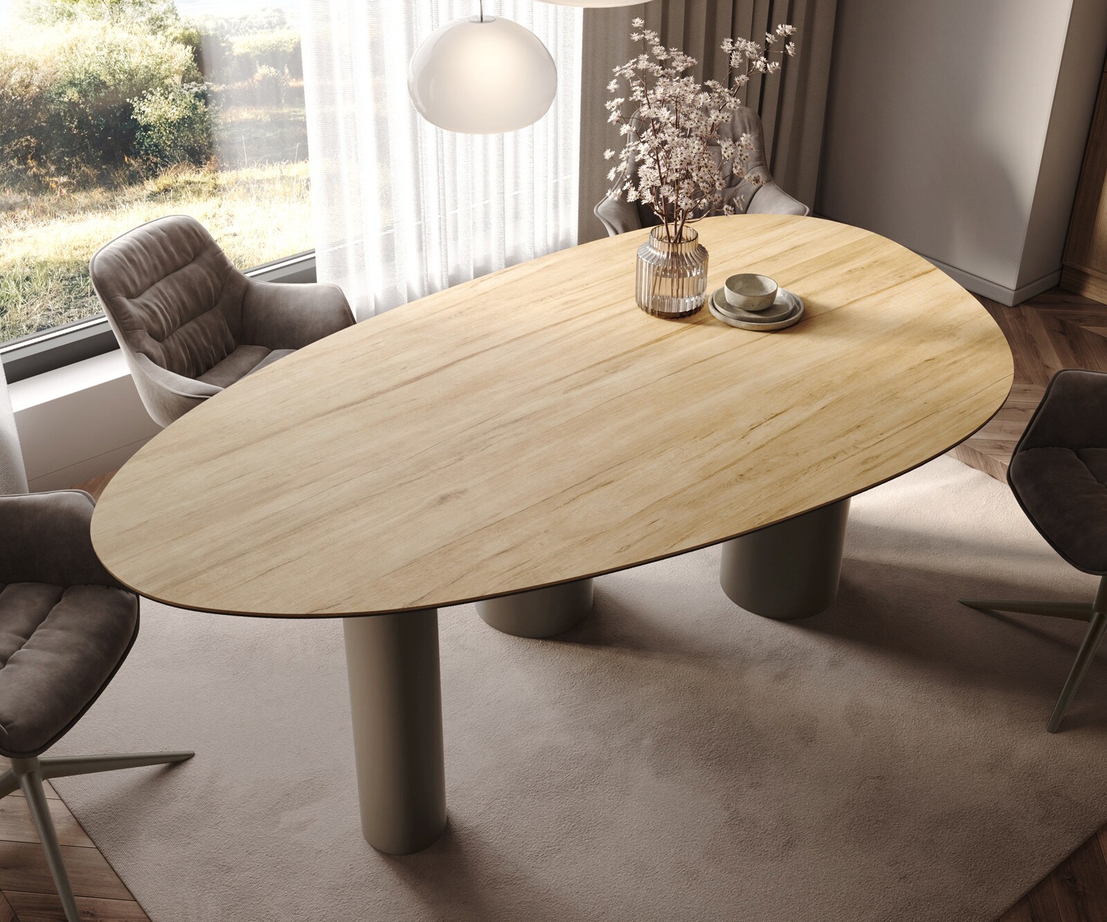 Esstisch Edge Oval 220x120 Keramik Laminam® Sabbia Eichefarbig Pilier Metall Effektfinish Titan 4