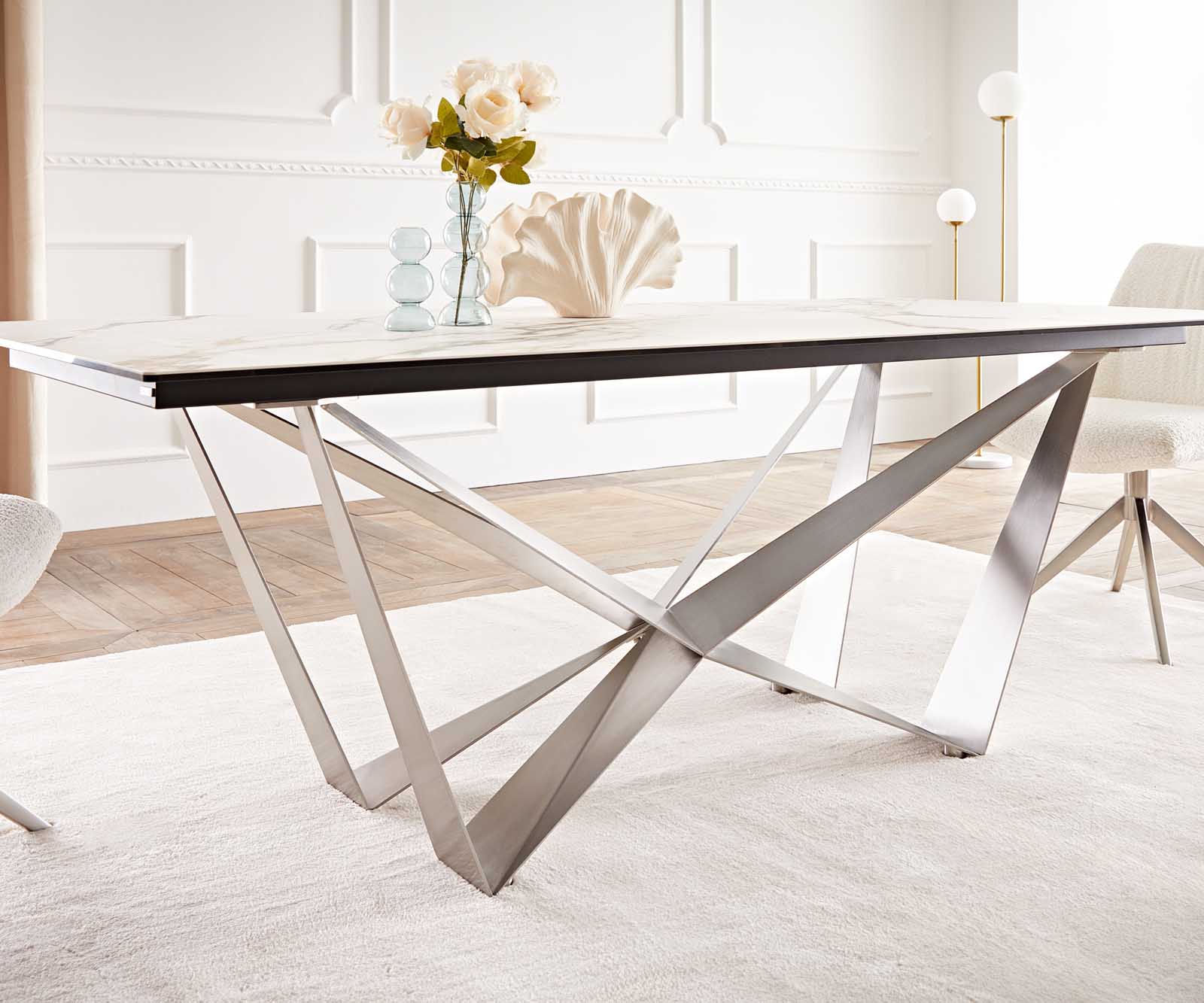 Esstisch Edge 200x100 Keramik Calacatta Luxe Weiß-Gold-Grau Spider Flachstahl Edelstahl 7