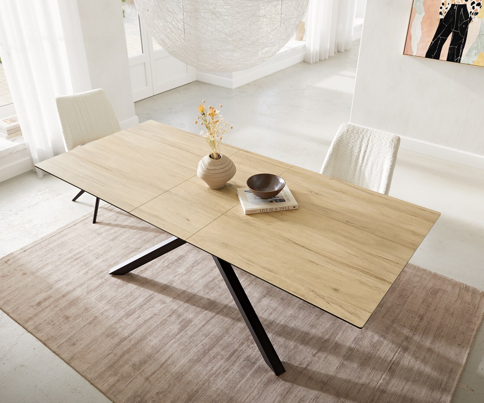 Esstisch Edge 180-220x100 Keramik Laminam® Sabbia Eichefarbig Kreuzgestell Rechteck Schwarz ausziehbar 3