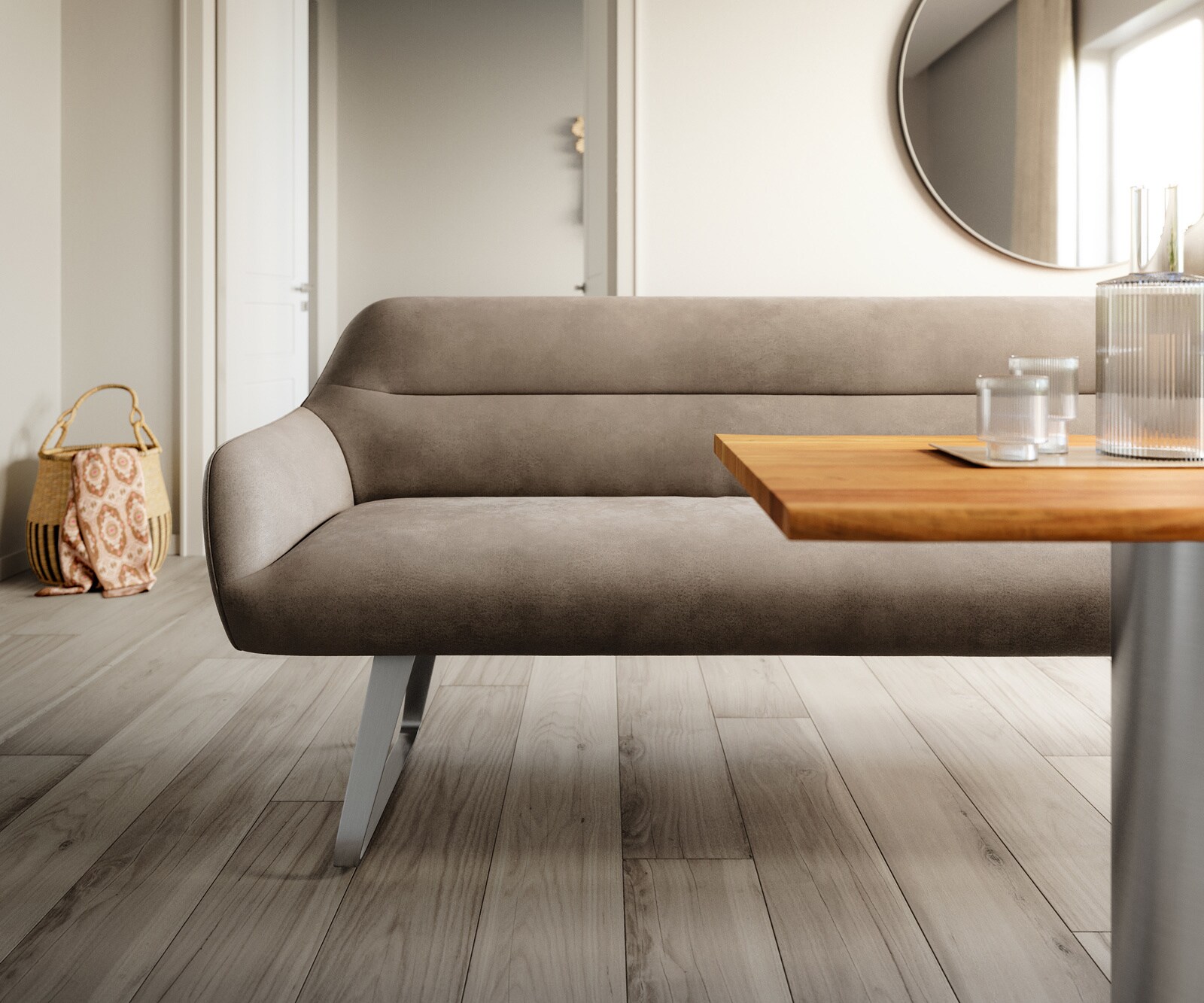 Esszimmerbank Taya-Flex 300 cm Mikrofaser Taupe Vintage Kufengestell flach Edelstahl Taschenfederkern 1