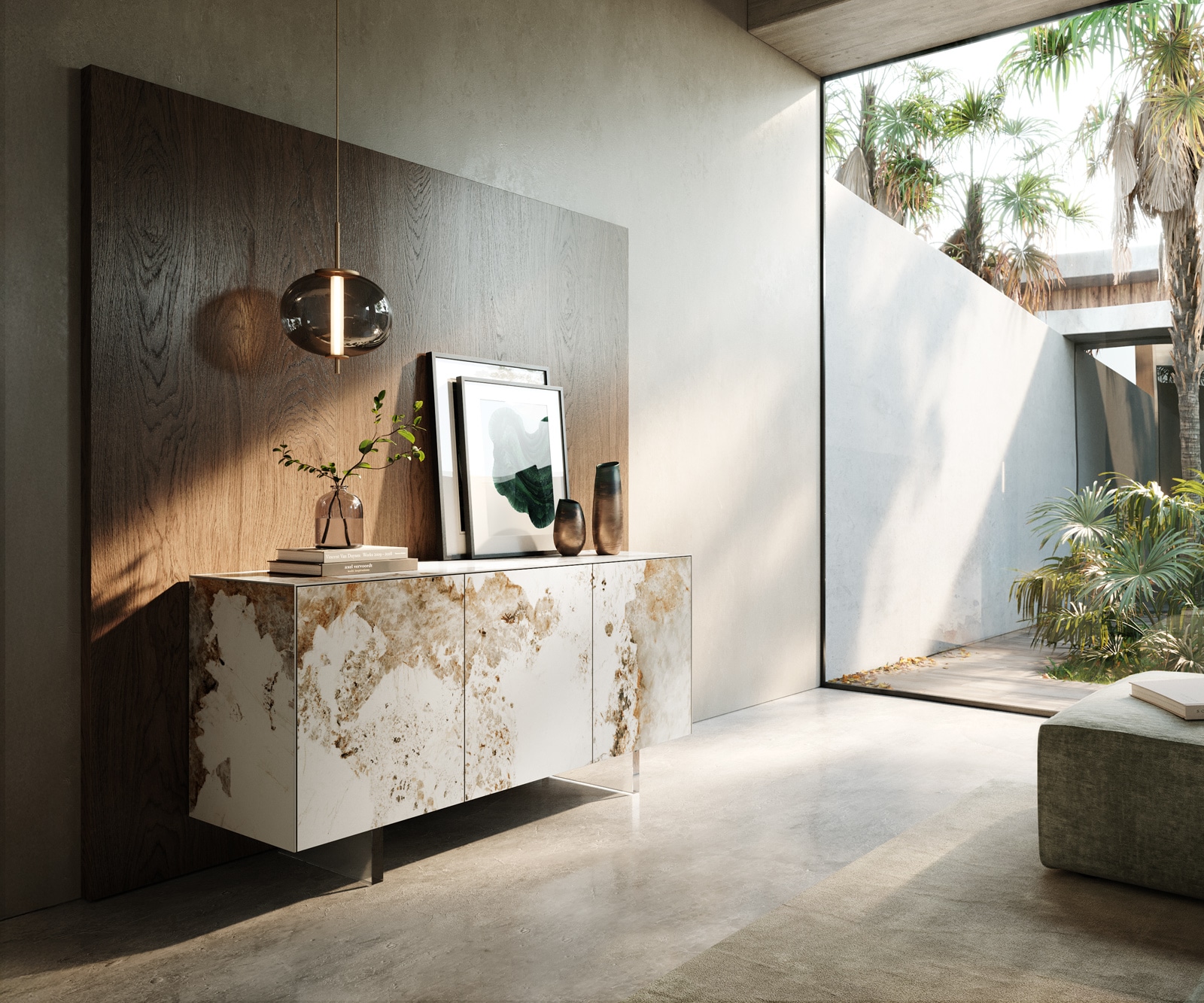 Sideboard Cuor 150 cm Keramik Minas Melange Weiß-Beige 3 Türen Fuß Schwebeoptik Acrylglas