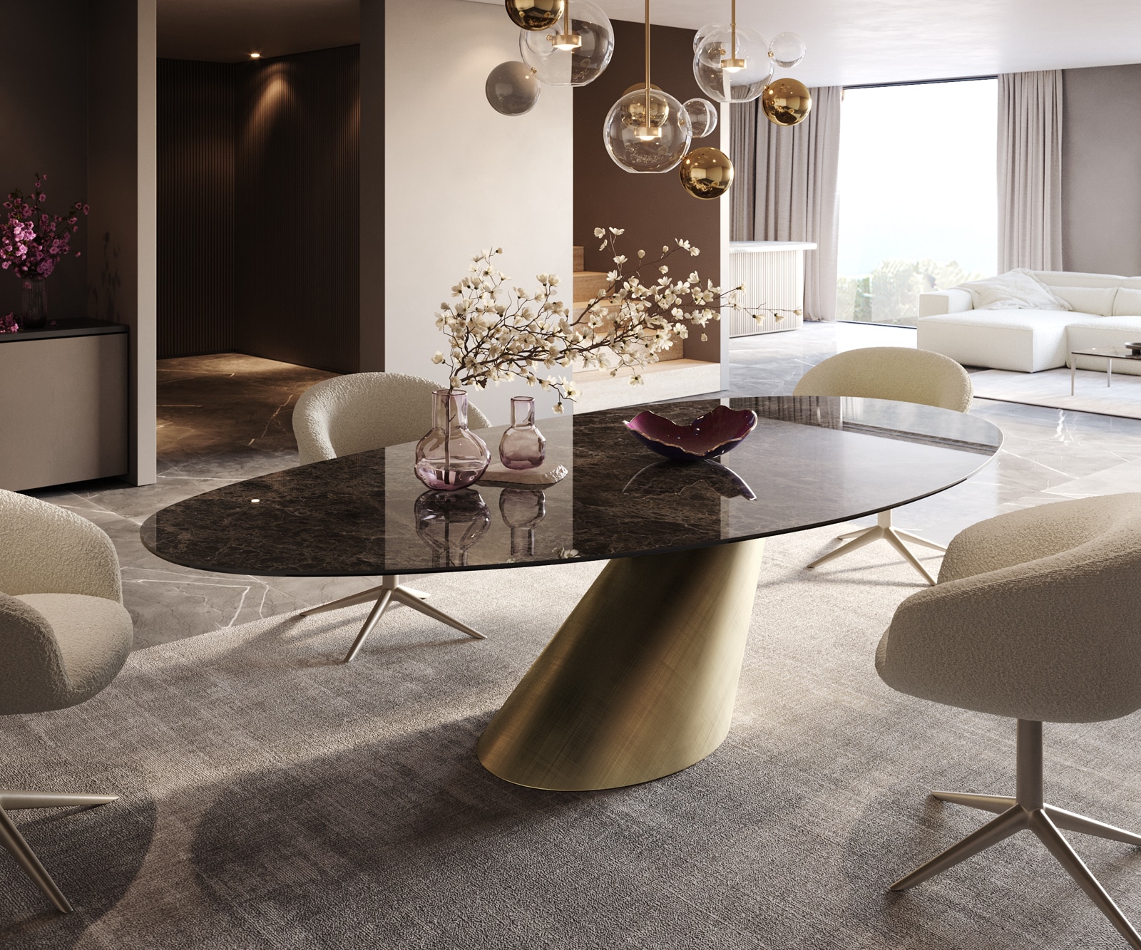 Esstisch Edge Oval 280x130 Keramik Emperador Extra Lucidato Dunkelbraun Cono Metallic Gold 1