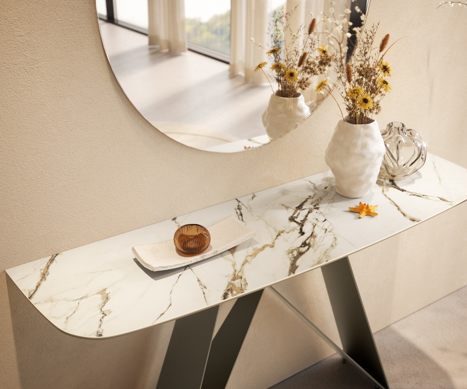 Konsolentisch Edge Boot 140x40 cm Keramik Calacatta Luxe Weiß-Gold-Grau Velio Metall Effektfinish Titan 5
