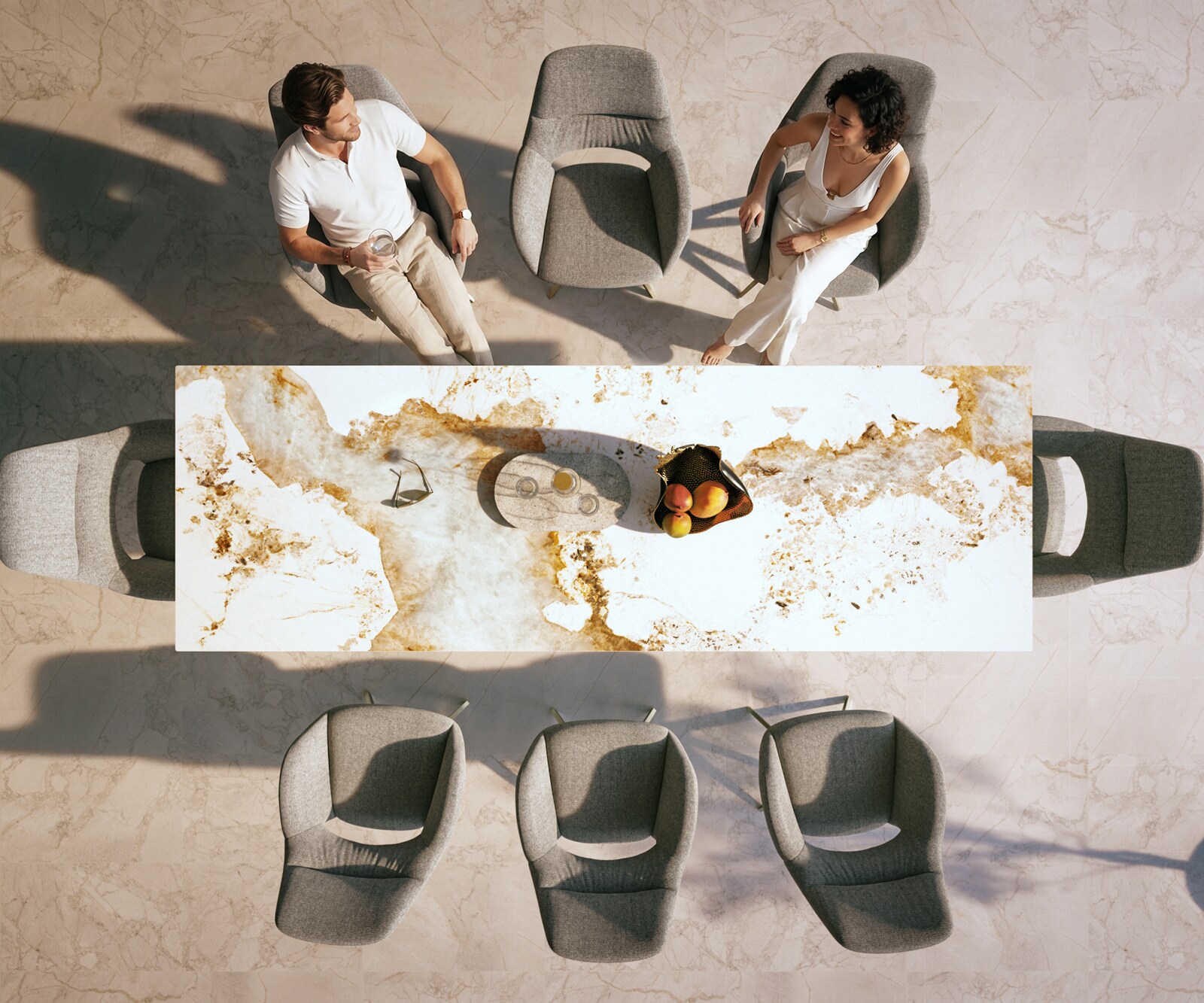 Outdoortisch Edge 300x100 cm Keramik Minas Melange Weiß-Beige Kreuzgestell Rechteck Edelstahl 5