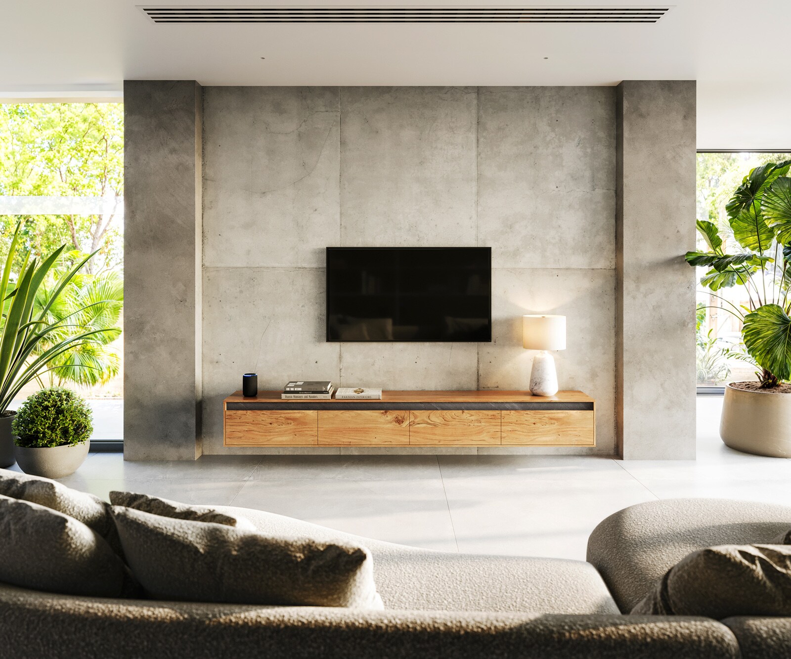 Design-Lowboard Stonegrace 240 cm Akazie Natur Schiefer 4 Türen schwebend 1