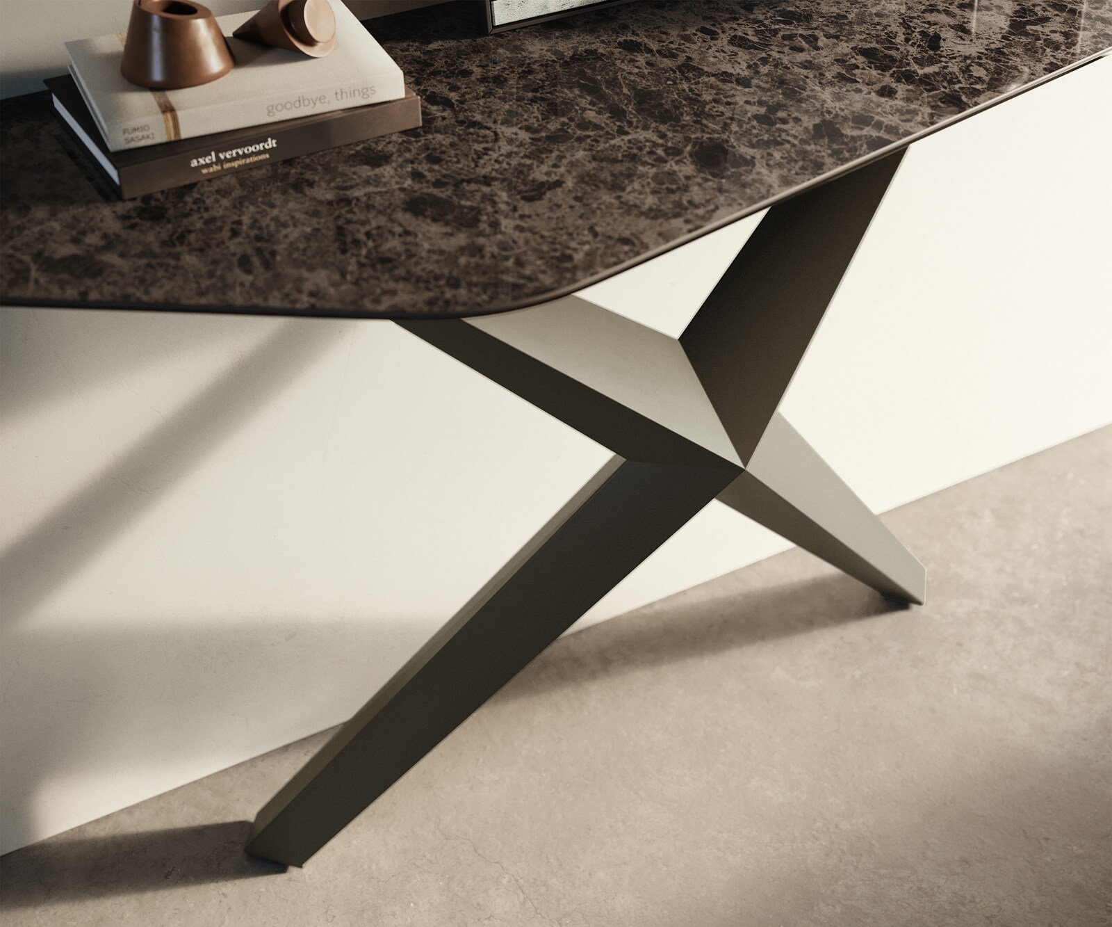 Konsolentisch Edge Polygonal 140x50 cm Keramik Emperador Extra Lucidato Dunkelbraun Zentharo Metall Effektfinish Titan 6