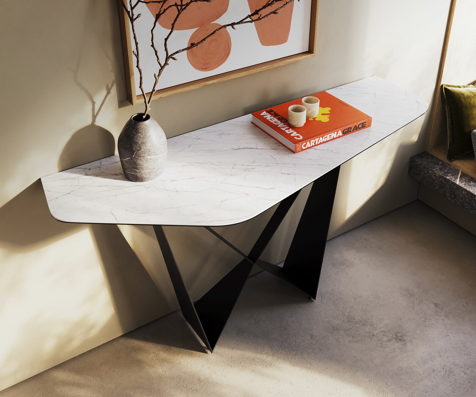 Konsolentisch Edge Polygonal 140x50 cm Keramik Laminam® Statuarietto Weiß Spios Metall Schwarz 1