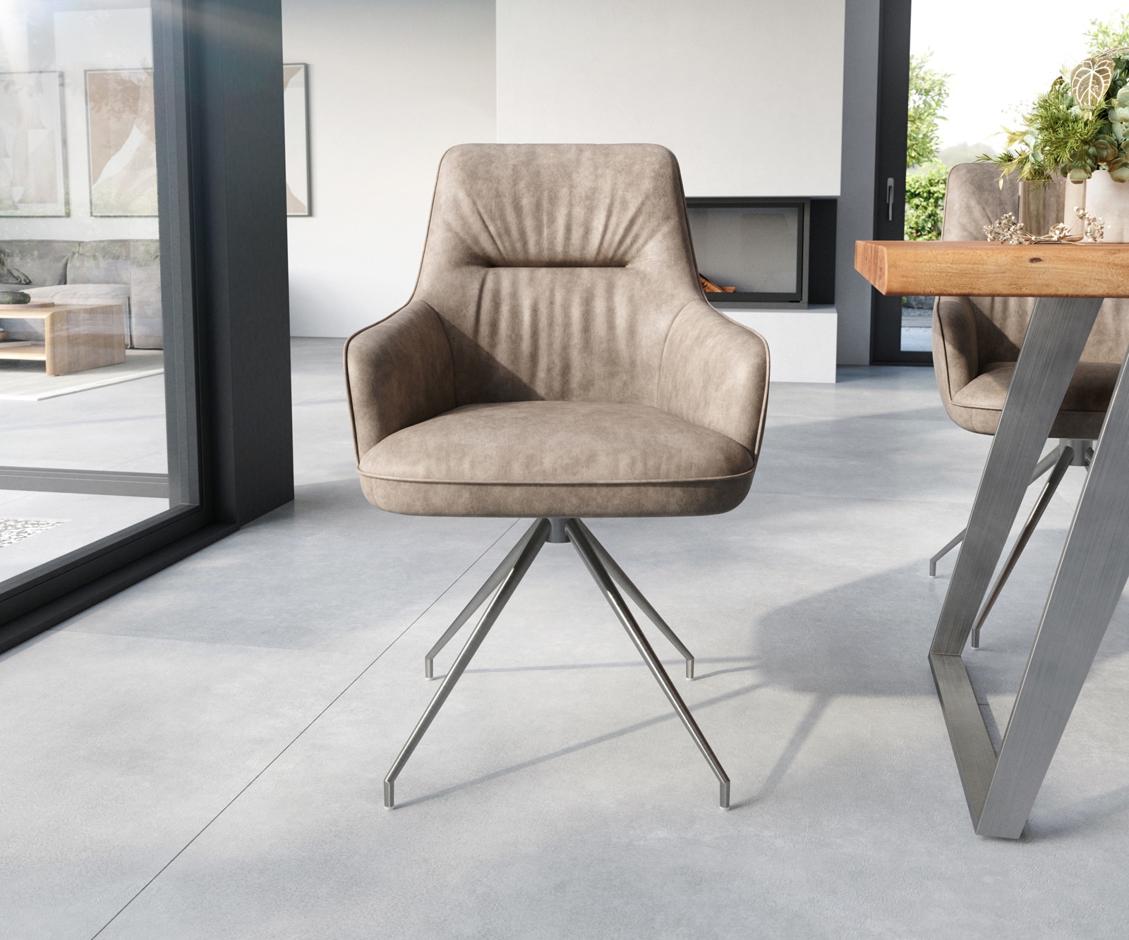 Esszimmerstuhl Zelia-Flex mit Armlehnen Mikrofaser Taupe Vintage Kreuzgestell konisch Edelstahl Taschenfederkern 1 Esszimmerstuhl Zelia-Flex mit Armlehnen Mikrofaser Taupe Vintage Kreuzgestell konisch Edelstahl Taschenfederkern 1