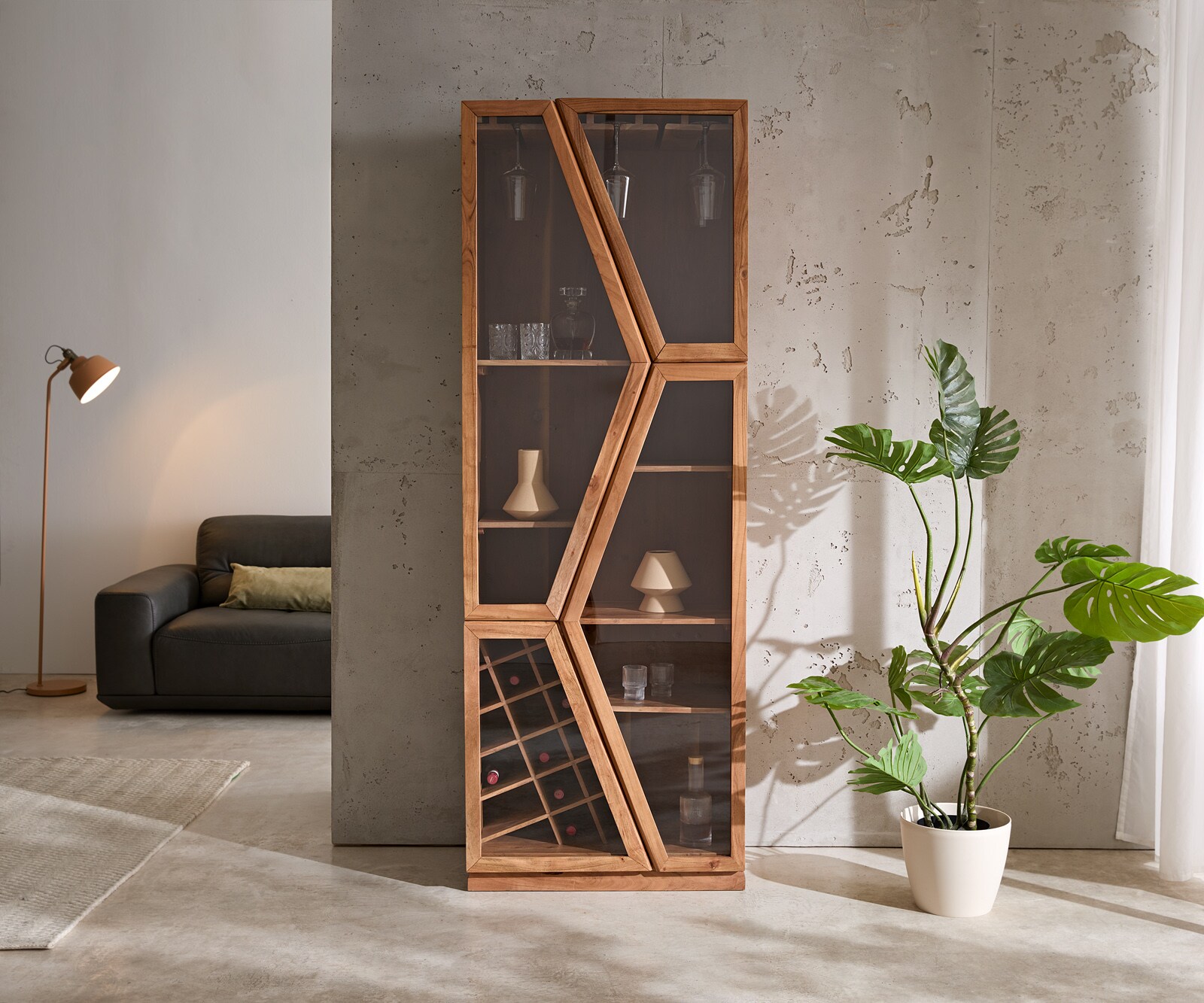 Vitrine Taza 75x210 cm Akazie Natur 4 Türen Barschrank 1