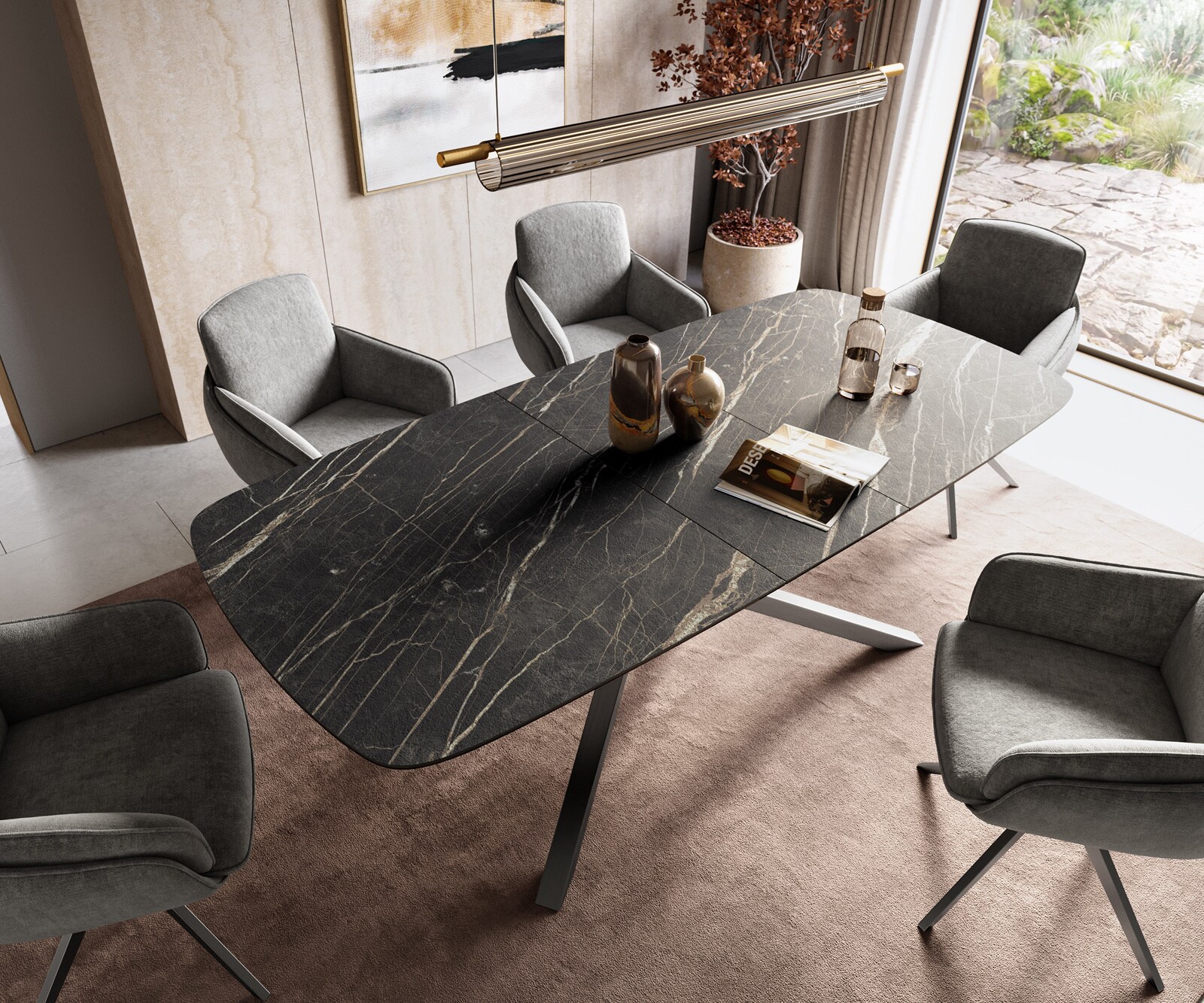 Esstisch Edge Boot 180-220x100 cm Laminam® Keramik Noir Desir Braun Kreuzgestell Rechteck Edelstahl Graphit ausziehbar 4