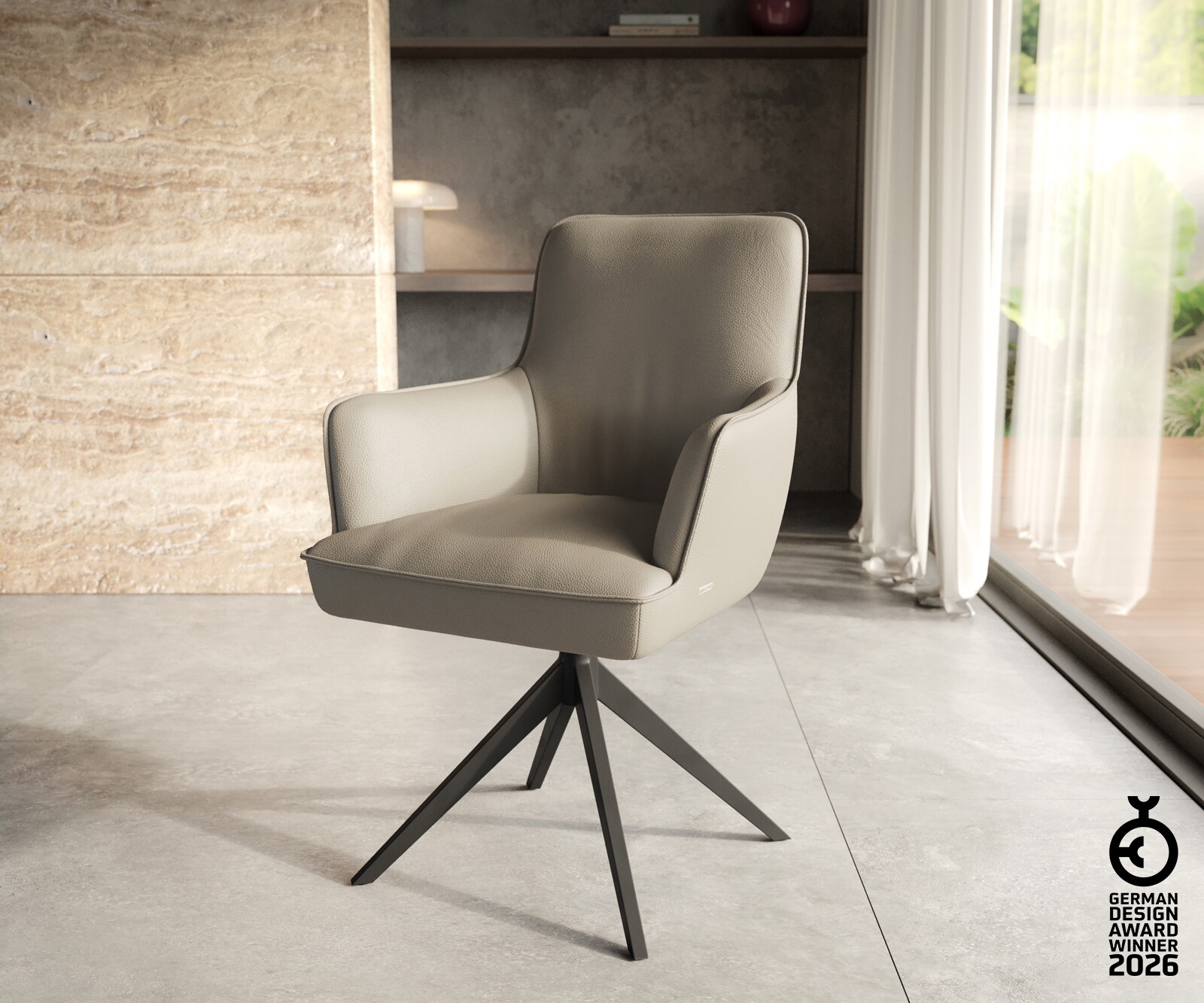 Drehstuhl Heira-Flex mit Armlehnen Echt-Leder Schlamm Kreuzgestell breit Schwarz 360° drehbar Taschenfederkern