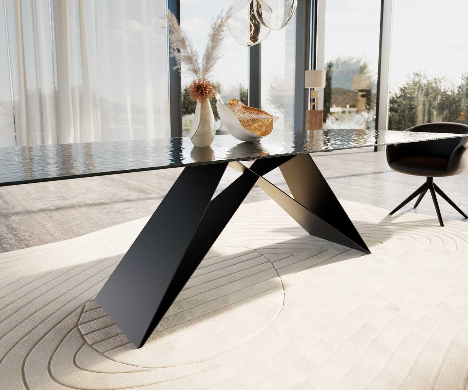 Esstisch Edge 300x100 Reliefglas Rauchschwarz 3D-Design V-Gestell Flachstahl Schwarz 5