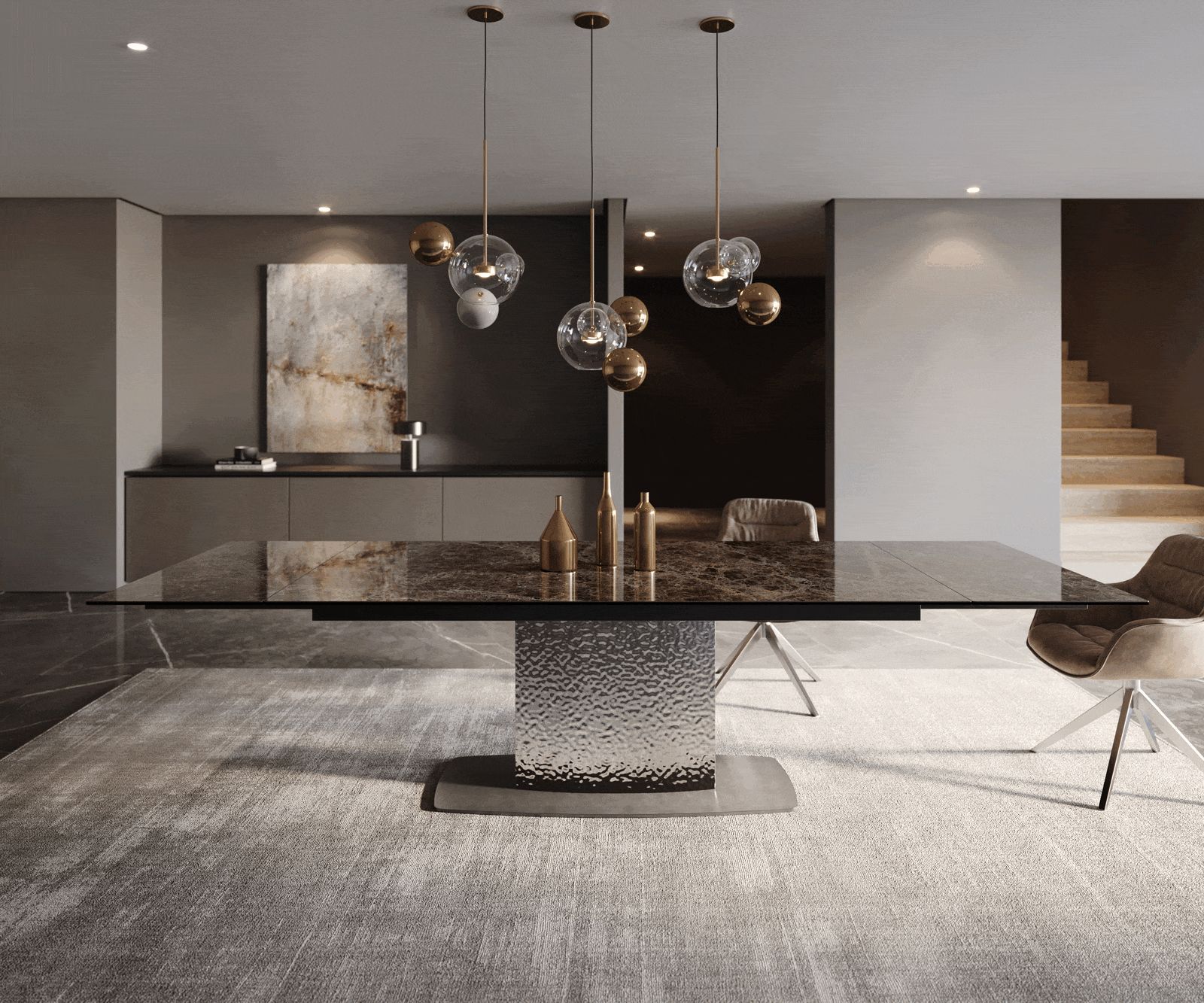 Esstisch Edge 200-300x100 Keramik Emperador Extra Lucidato Dunkelbraun Wave Edelstahl ausziehbar 1