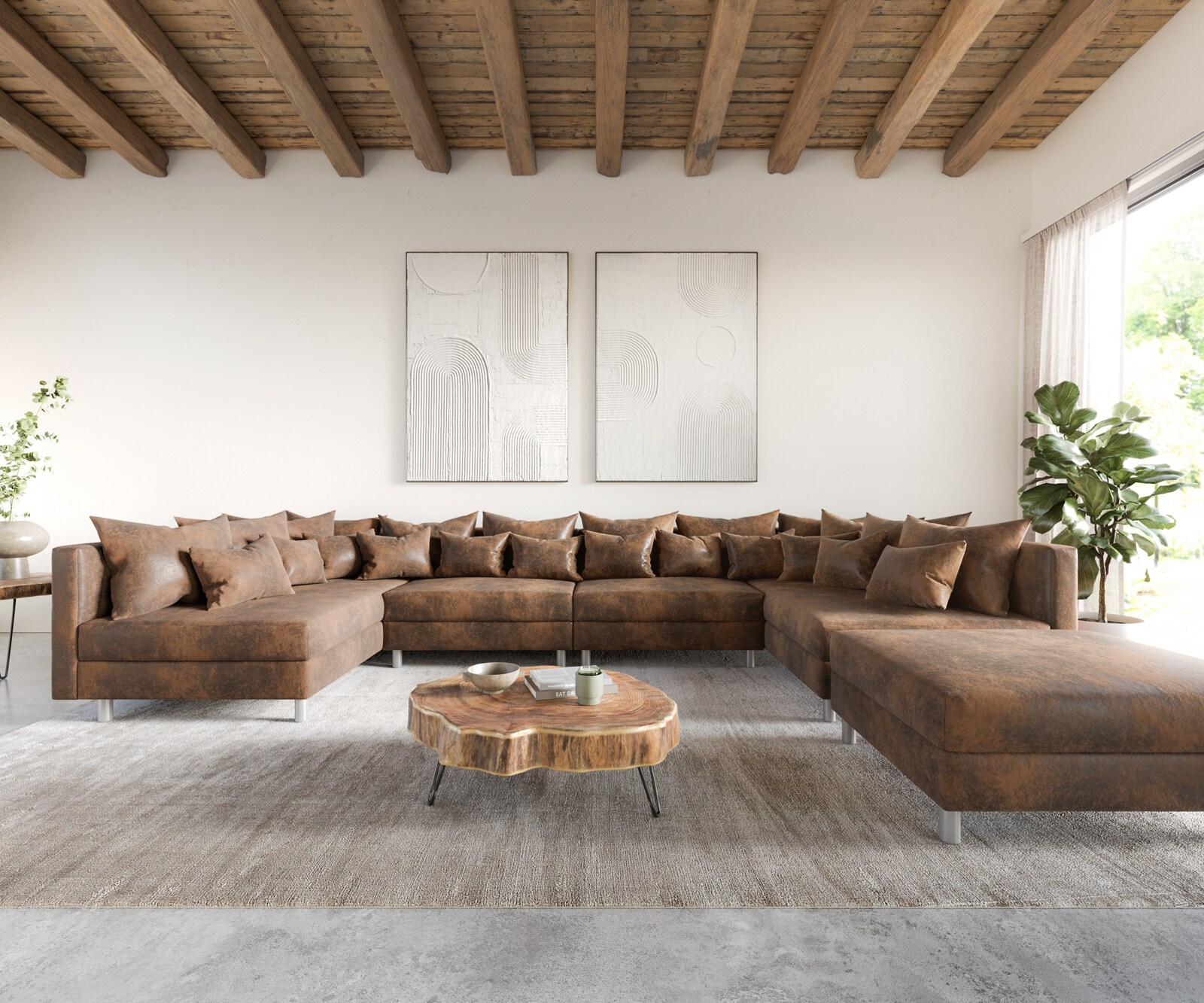 Wohnlandschaft Clovis XL Braun Antik Optik modular Hocker  1