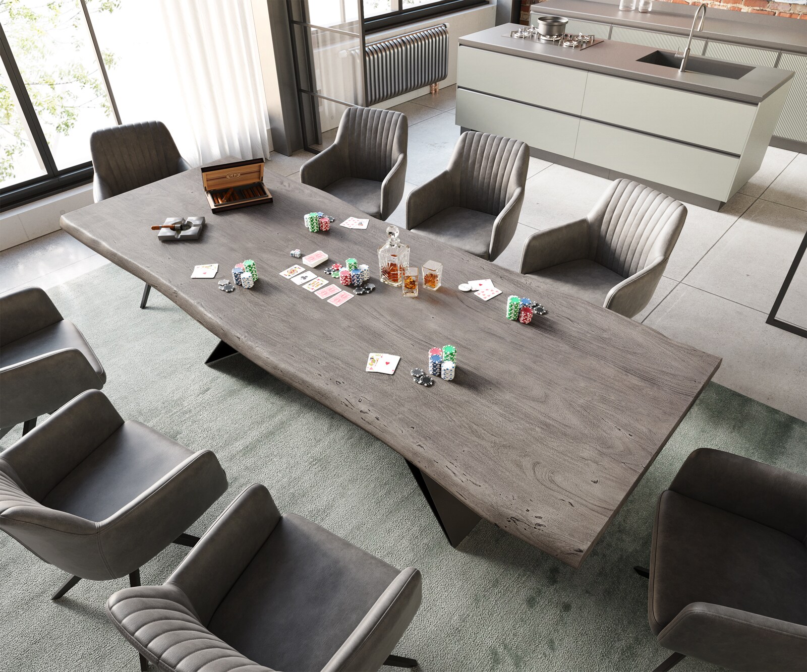 Esstisch Edge 260x100 Akazie Platin V-Gestell Flachstahl Schwarz Live-Edge 4