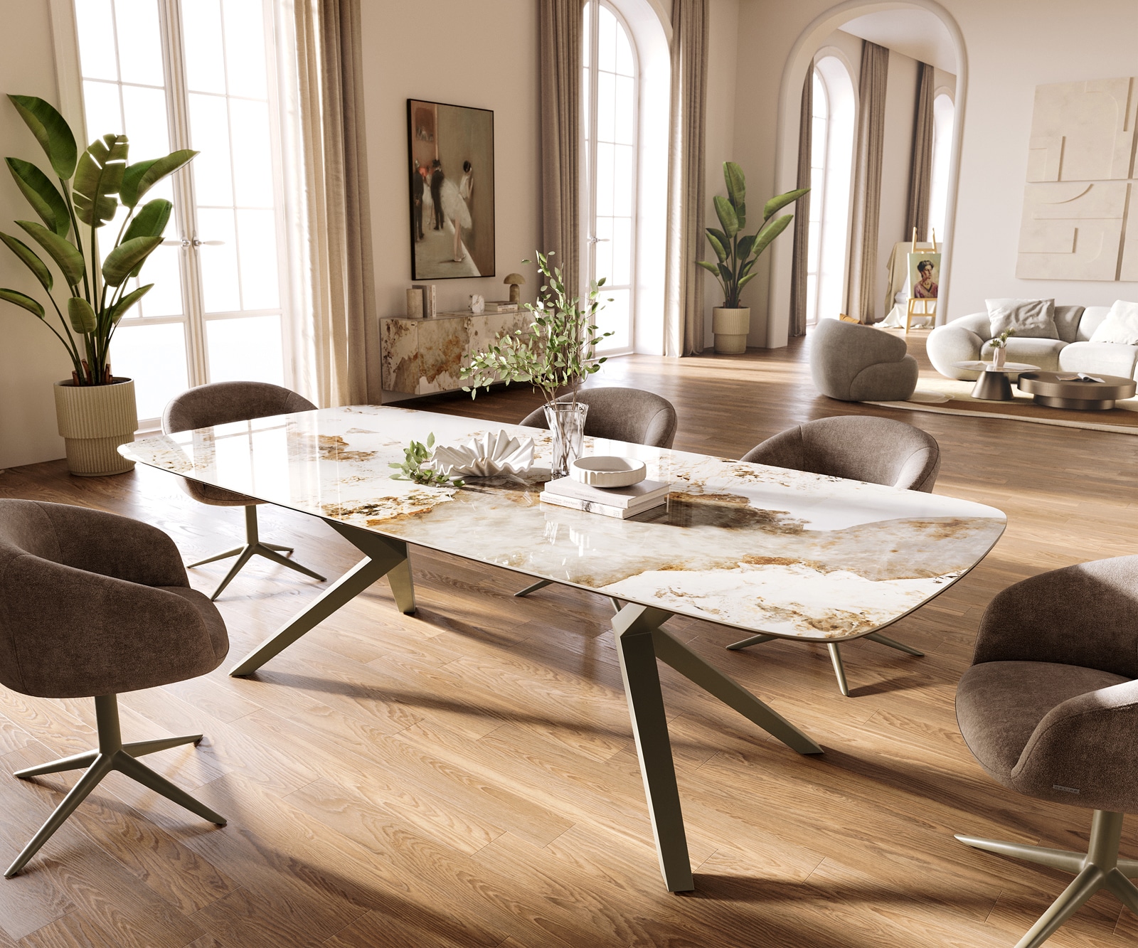 Esstisch Edge Boot 260x120 cm Keramik Minas Melange Weiß-Beige Zenthara kantig Metall Effektfinish Titan