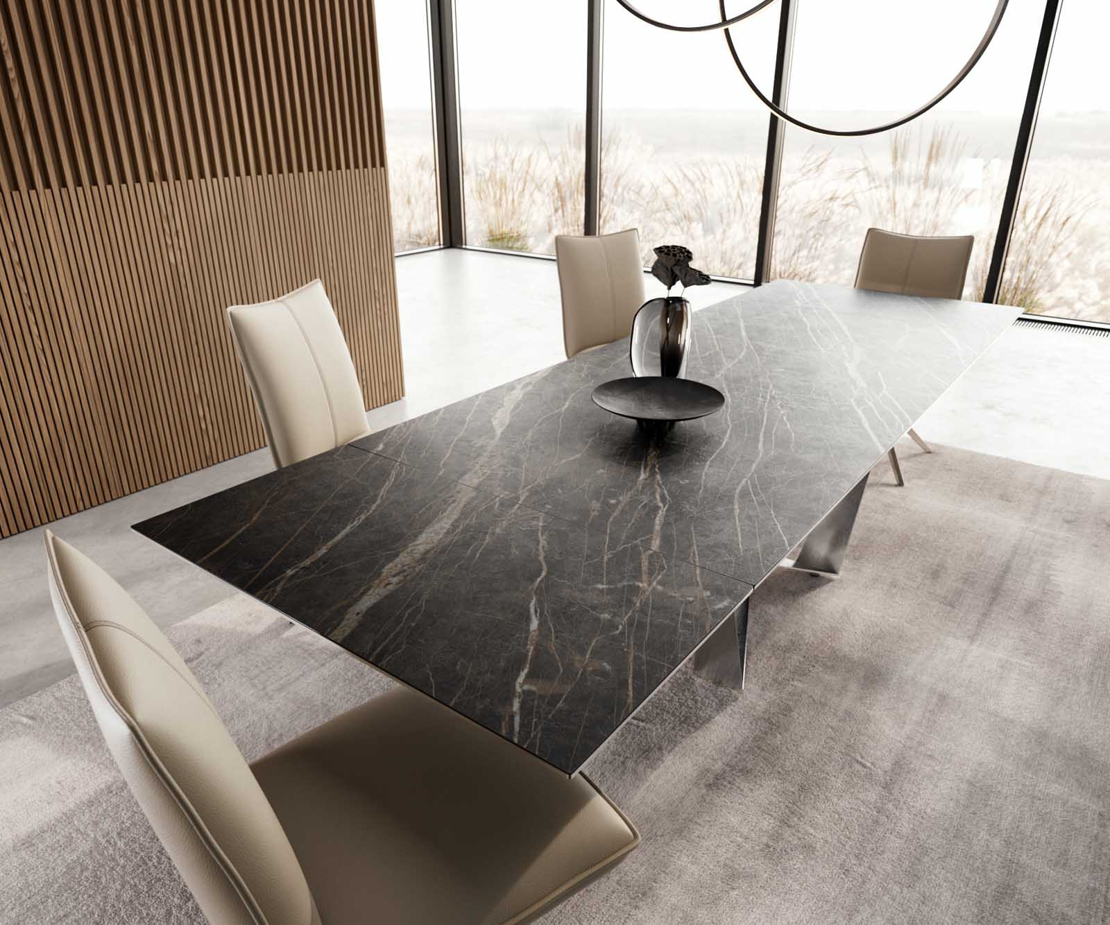 Esstisch Edge 200-300x100 Keramik Laminam®Noir Desir Braun Spider Flachstahl Edelstahl ausziehbar 4