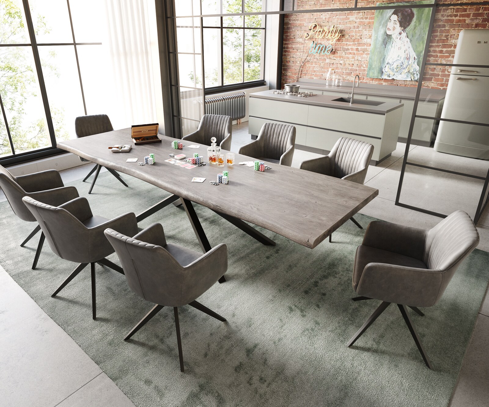 Esstisch Edge 300x100 XL Akazie Platin Kreuzgestell Rechteck Schwarz Live-Edge 4