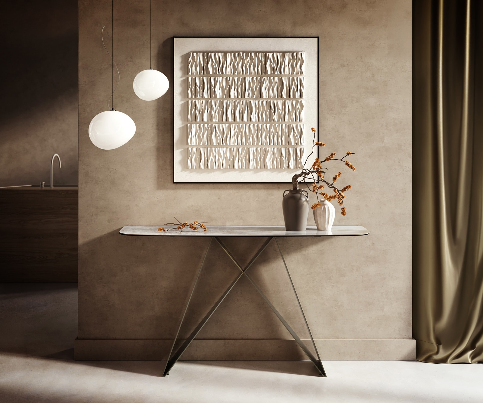 Konsolentisch Edge Boot 140x40 cm Keramik Onyx Pearl Velio Metall Effektfinish Titan