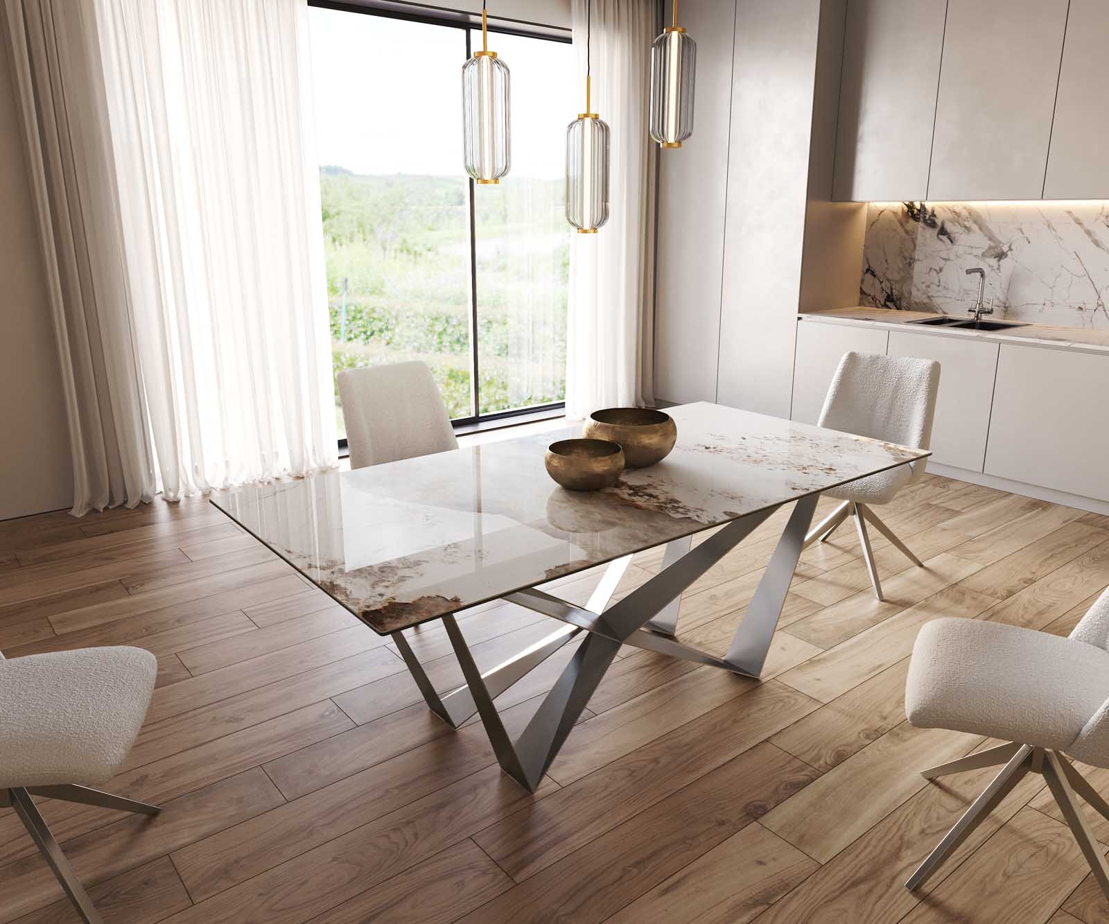 Esstisch Edge 200x100 Keramik Minas Melange Weiß-Beige Spider Flachstahl Edelstahl
