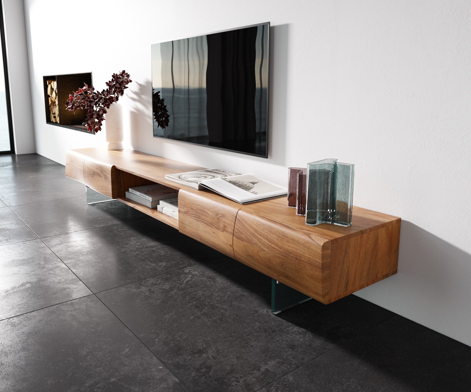 Lowboard New Live-Edge 240 cm Akazie Natur 4 Türen 1 Fach Glasfuß 1