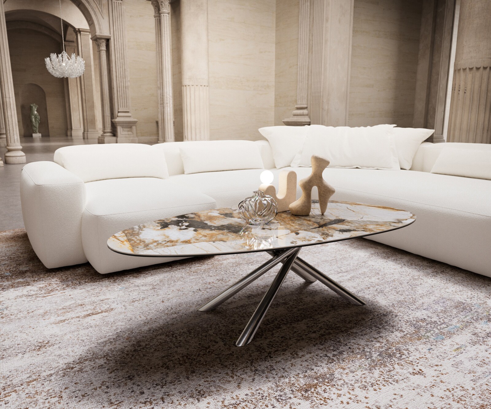 Couchtisch Edge Oval 140x75 cm Keramik Patagonia Poliert Sarity Metall Effektfinish Titan