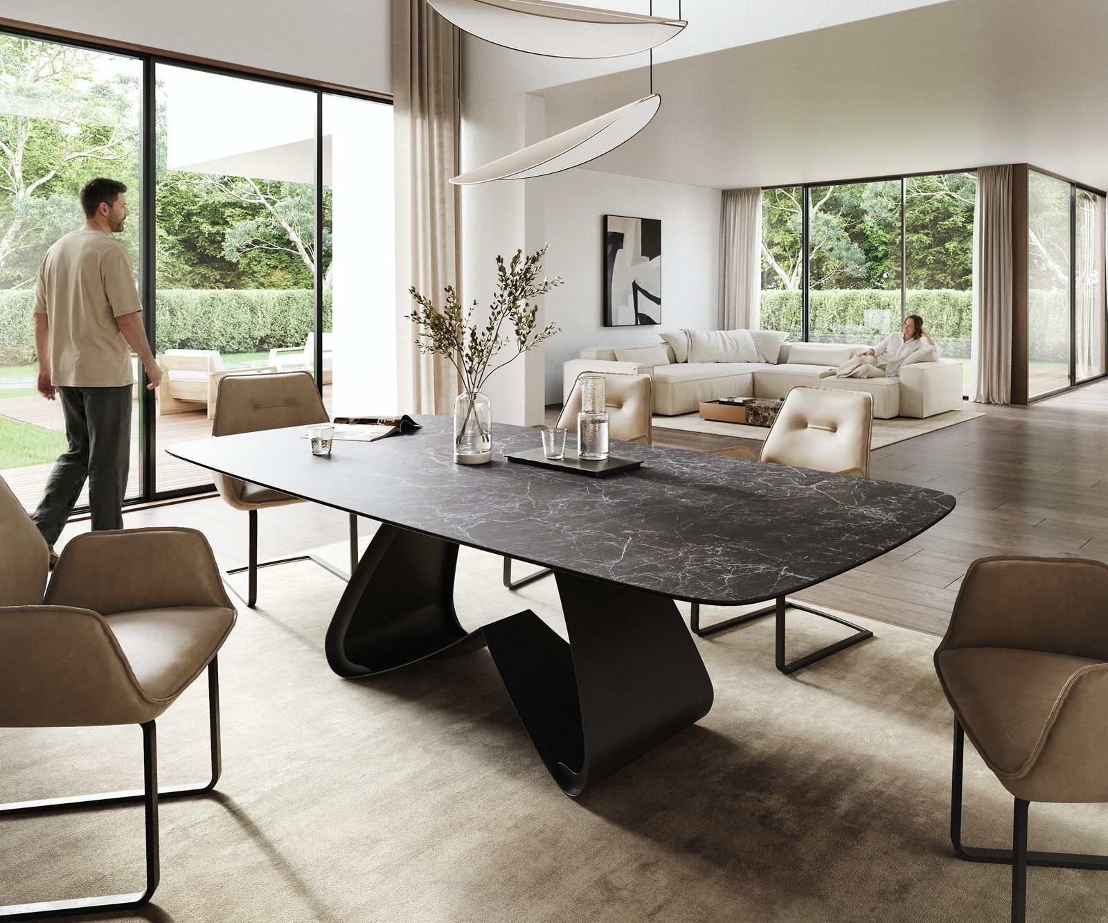 Esstisch Edge Boot 260x120 cm Keramik Laminam® Nero Greco Anthrazit W-Gestell Metall Schwarz
