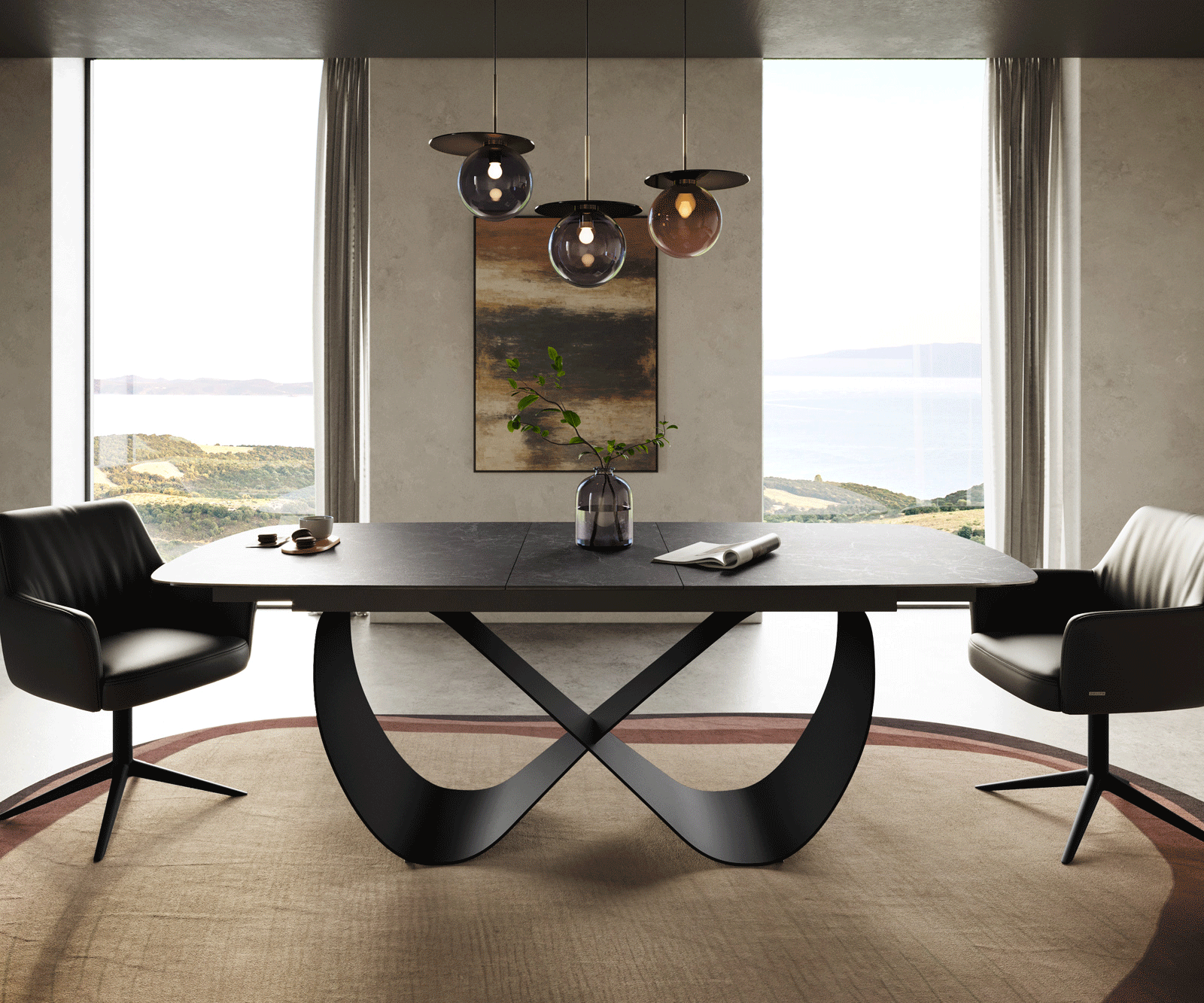 Esstisch Edge Boot 180-220x100 cm Keramik Laminam® Nero Greco Anthrazit Infinity Metall Schwarz ausziehbar 1