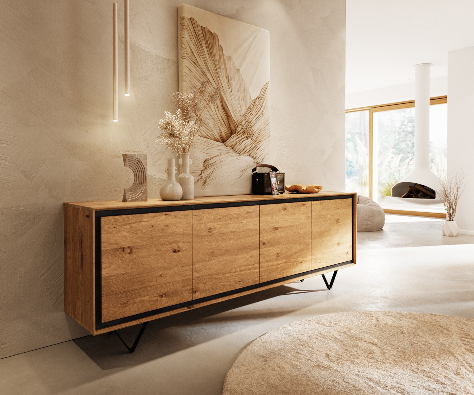 Sideboard Stonegrace 200 cm Eiche Natur 4 Türen Steinfurnier V-Fuß Metall Schwarz