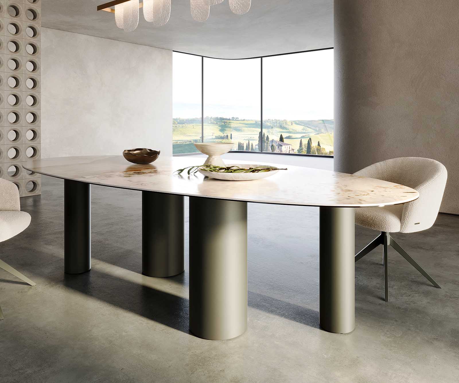 Esstisch Edge Oval 280x130 Keramik Minas Melange Weiß-Beige Pilier Metall Effektfinish Titan 5