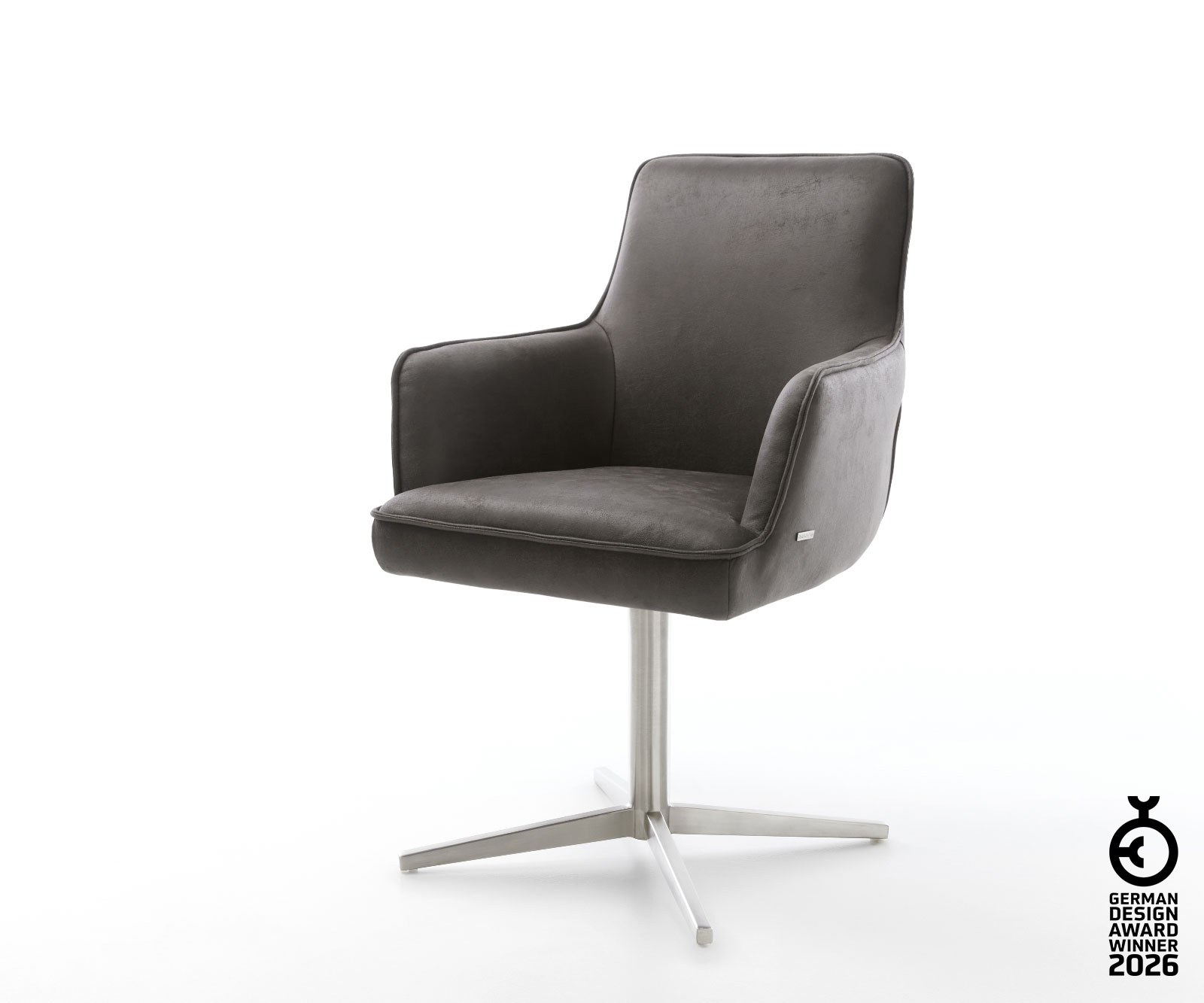 Drehstuhl Heira-Flex mit Armlehnen Mikrofaser Anthrazit Vintage Fußkreuz Edelstahl 360° drehbar Taschenfederkern