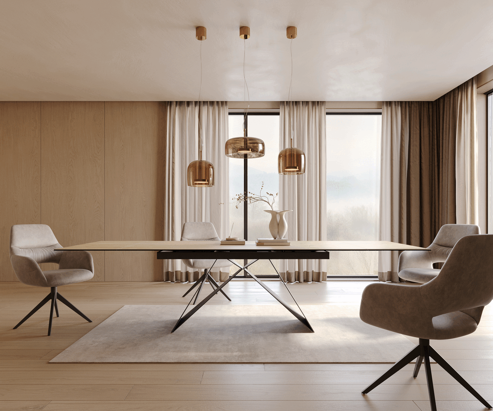 Esstisch Edge 200-300x100 Keramik Laminam® Sabbia Eichefarbig V-Gestell Flachstahl Schwarz ausziehbar 1