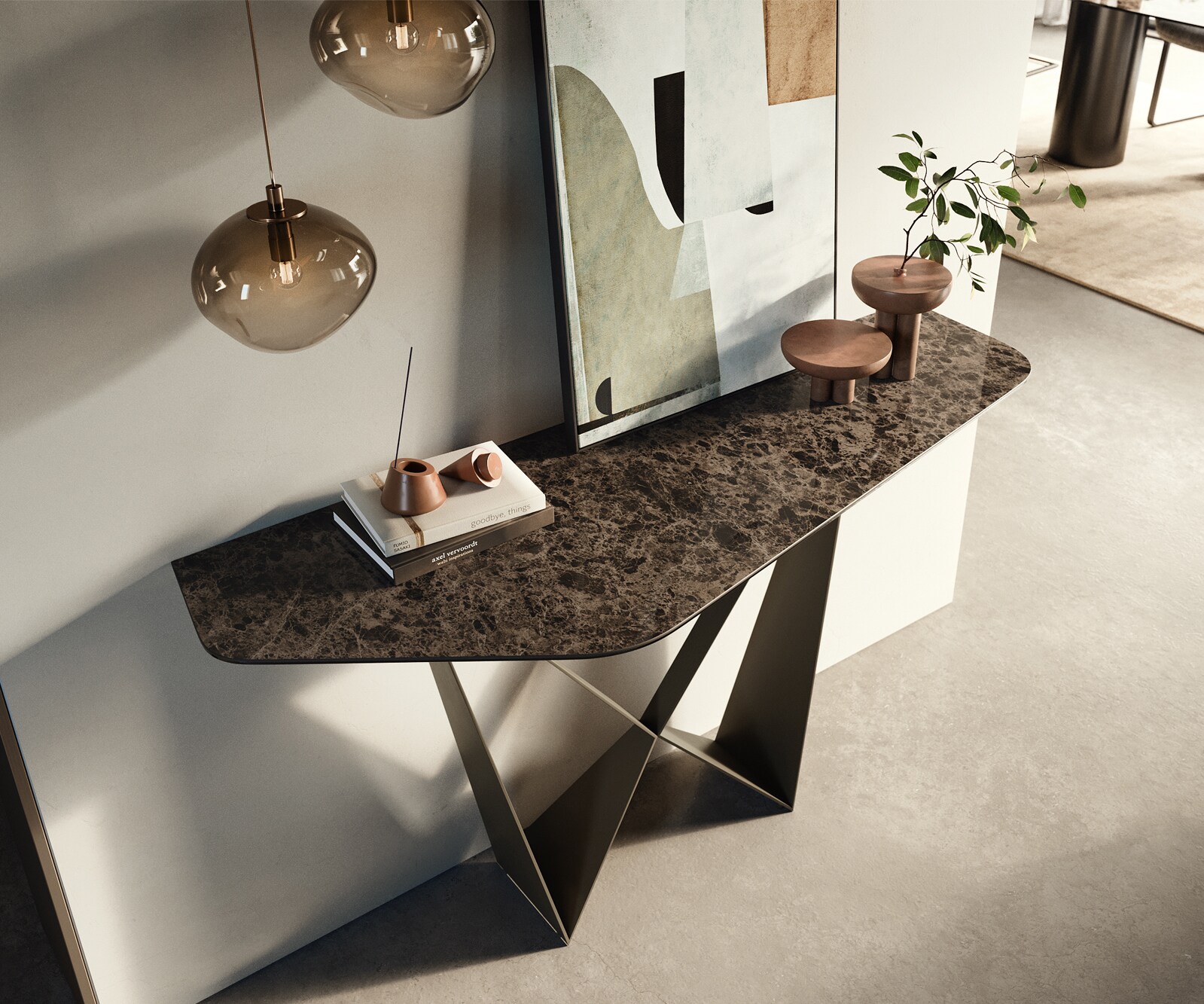 Konsolentisch Edge Polygonal 140x50 cm Keramik Emperador Extra Lucidato Dunkelbraun Spios Metall Effektfinish Titan 1