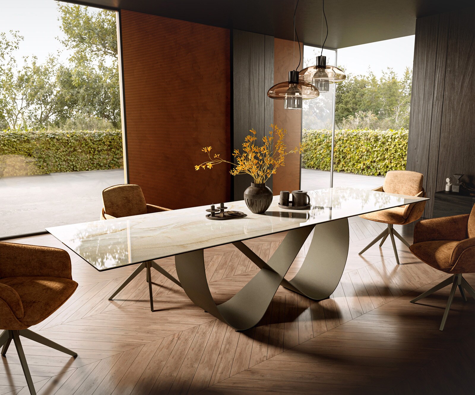 Esstisch Edge 300x100 Keramik Laminam® Onice Oro ?Infinity Metall Effektfin günstig online kaufen