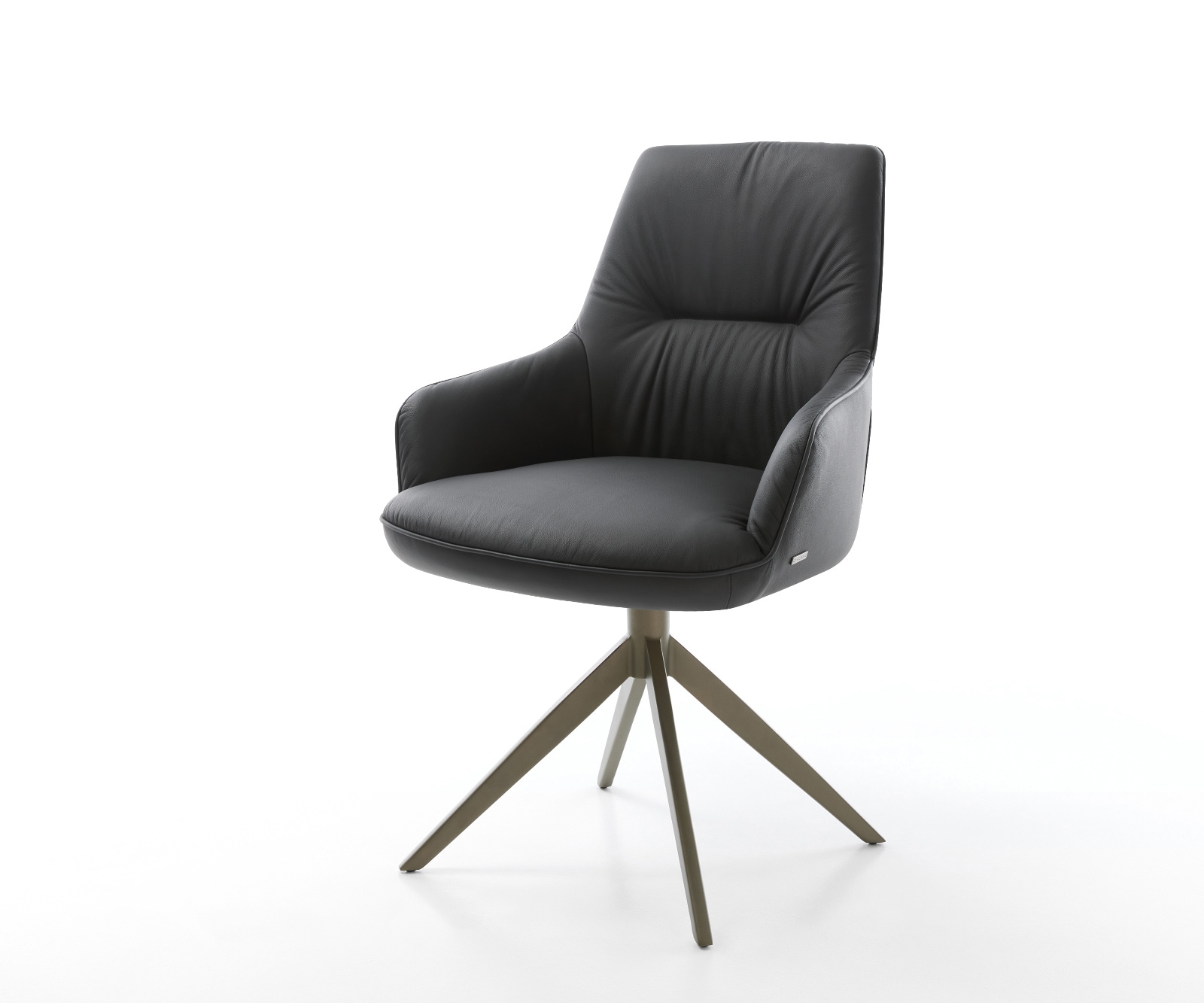 Drehstuhl Zelia-Flex mit Armlehnen Echt-Leder Schwarz Kreuzgestell breit Effektfinish Titan 360° drehbar Wippfunktion Taschenfederkern