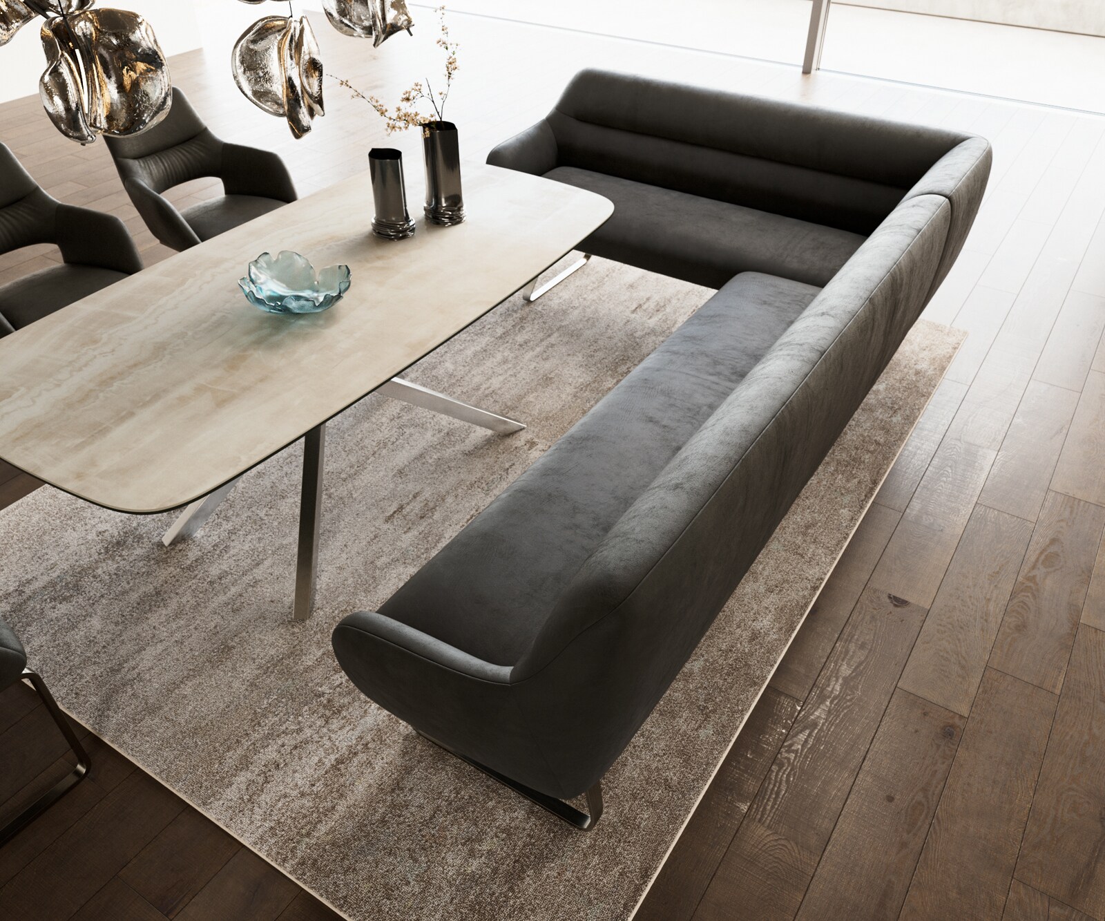 Esszimmerbank Taya-Flex 285x190 cm Mikrofaser Anthrazit Vintage Kufengestell flach Edelstahl Taschenfederkern Rechts 3