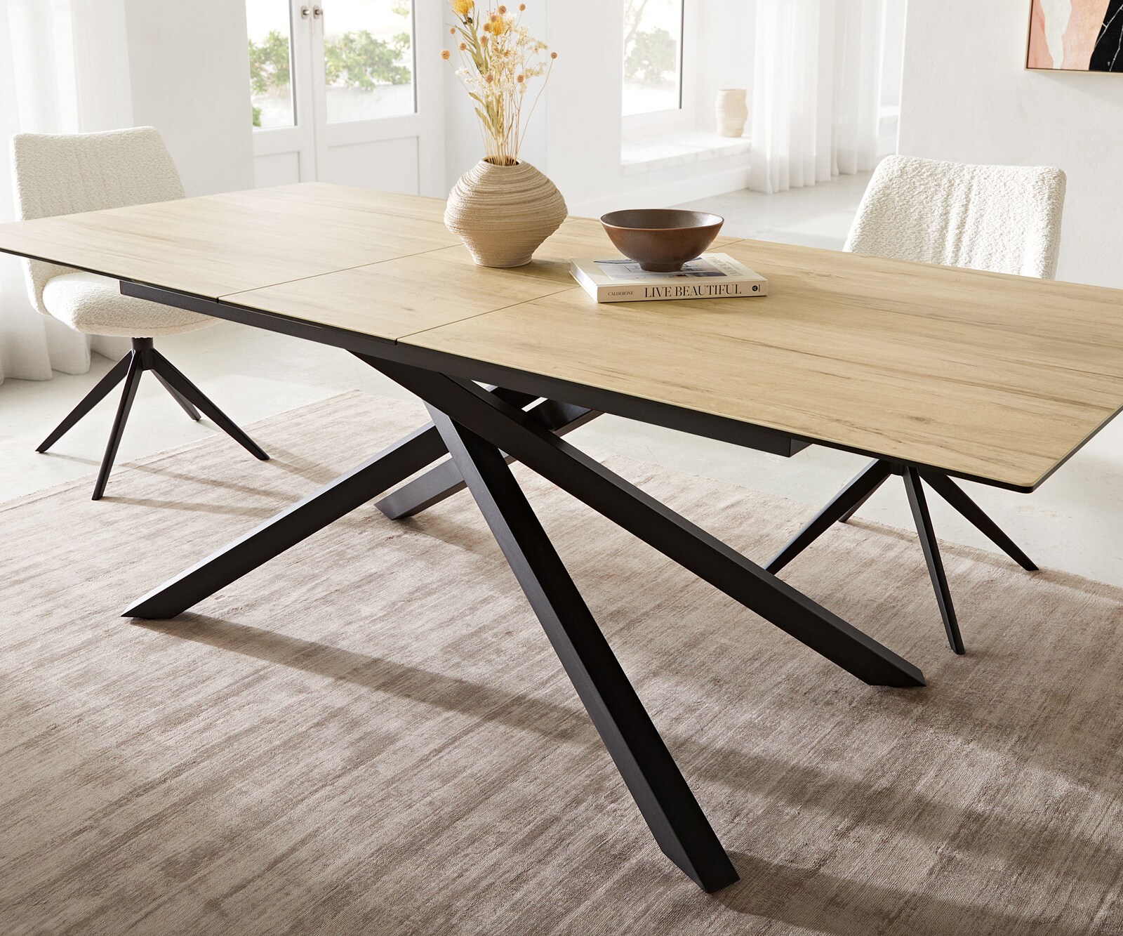 Esstisch Edge 180-220x100 Keramik Laminam® Sabbia Eichefarbig Kreuzgestell Rechteck Schwarz ausziehbar 6