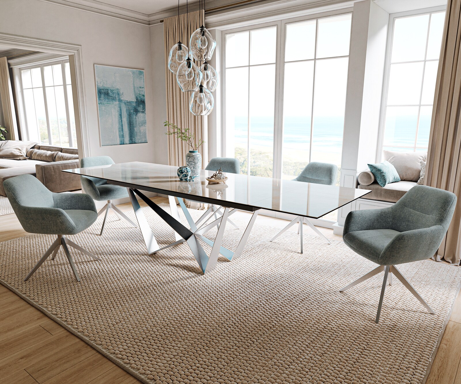 Esstisch Edge 200-300x100 cm Keramik Onyx Champagne Spider Flachstahl Edelstahl ausziehbar 7