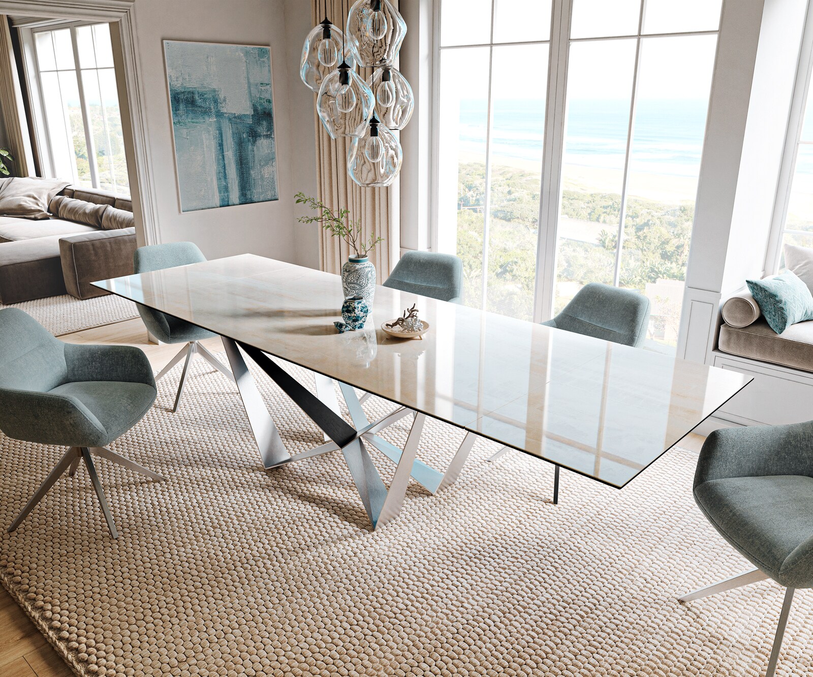 Esstisch Edge 200-300x100 cm Keramik Onyx Champagne Spider Flachstahl Edelstahl ausziehbar 1