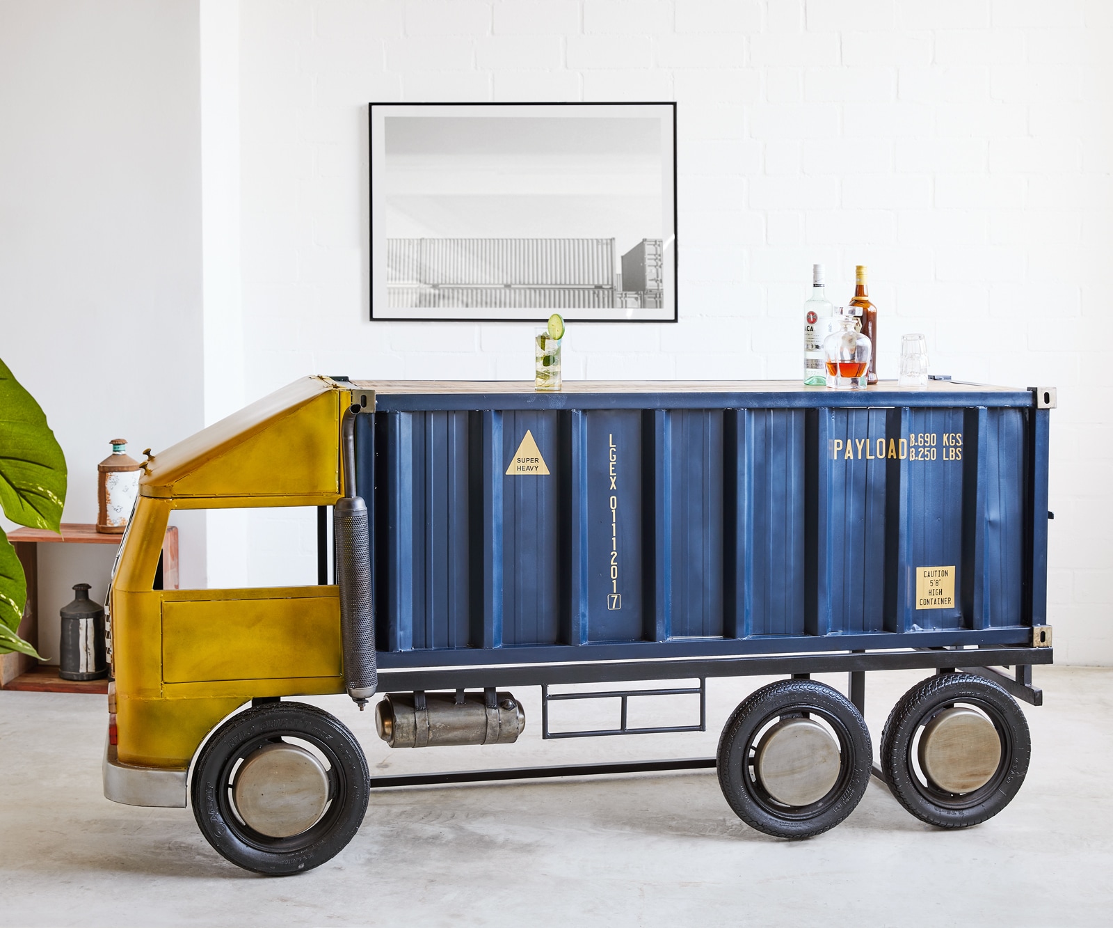 Bar LKW 220x110 cm Metall Mangoholz Blau Gelb 1 Bar LKW 220x110 cm Metall Mangoholz Blau Gelb 1