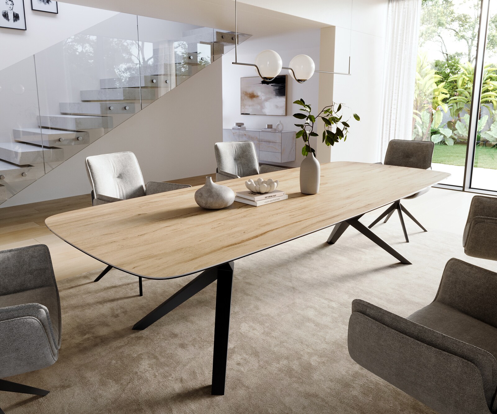 Esstisch Edge Boot 300x120 cm Keramik Laminam® Sabbia Eichefarbig Zenthara kantig Metall Schwarz 1